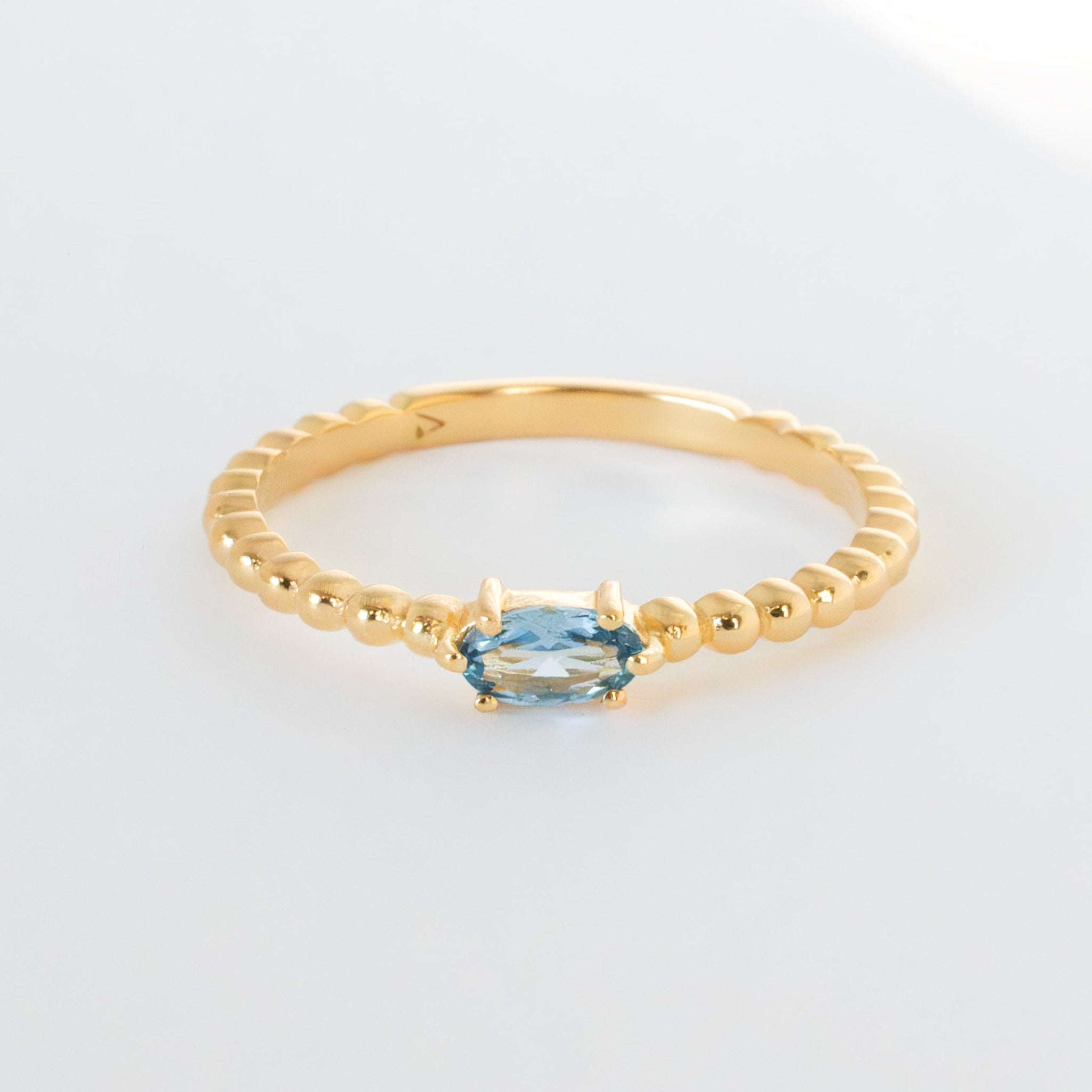 March birthstone Aquamarine gold beaded stacking ring