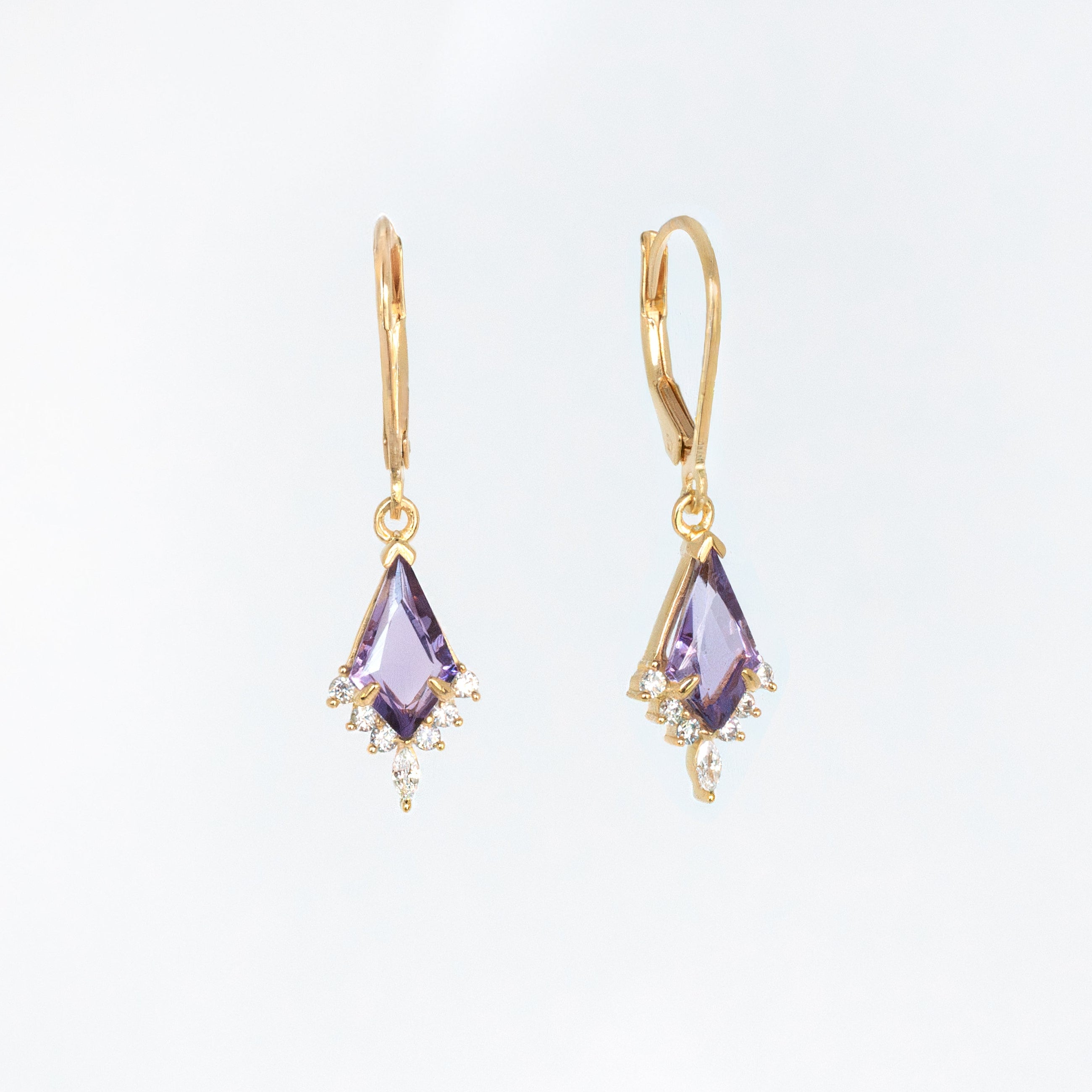Amethyst-Kite-Bridal Earrings Dangle Drop Gold, Elegant Wedding Earrings, February Birthstone Birthday Gift for Women