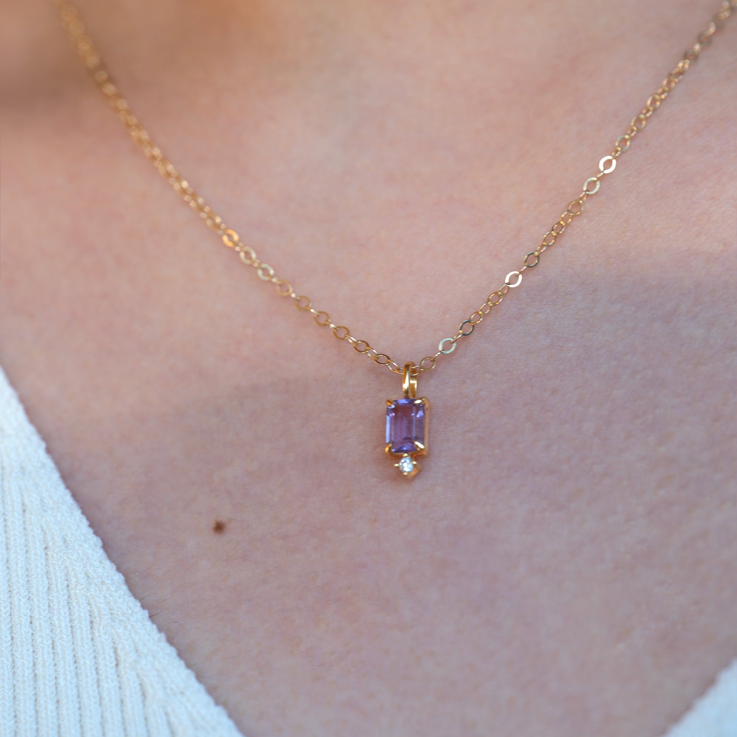 Natural Birthstone Charm Necklace Sterling Silver Emerald Cut
