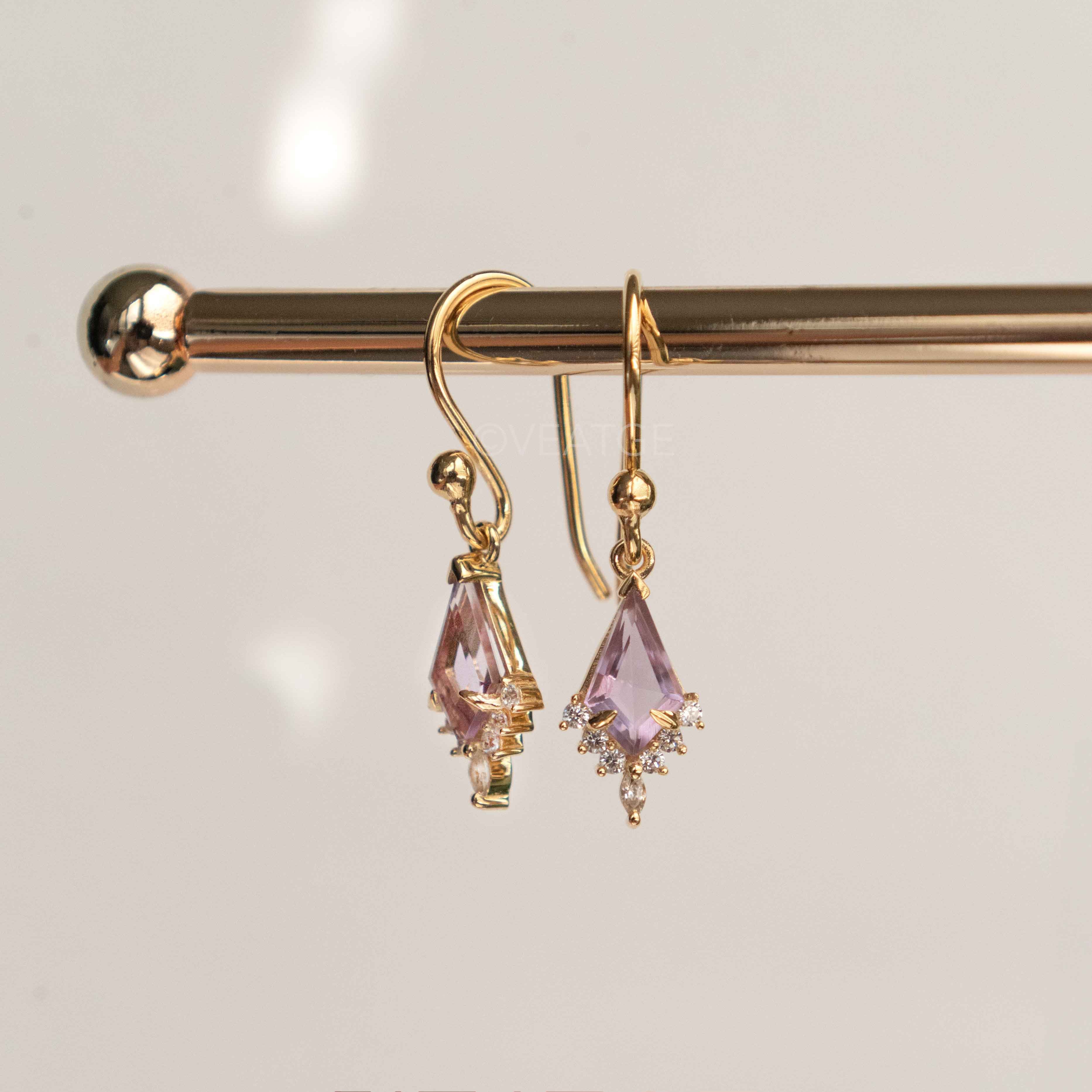 Unique Amethyst Dangle Earrings, February Birthstone Gold Dangle Earring, Custom Kite Cut Jewelry Girls, Birthday Anniversary Gift for Women
