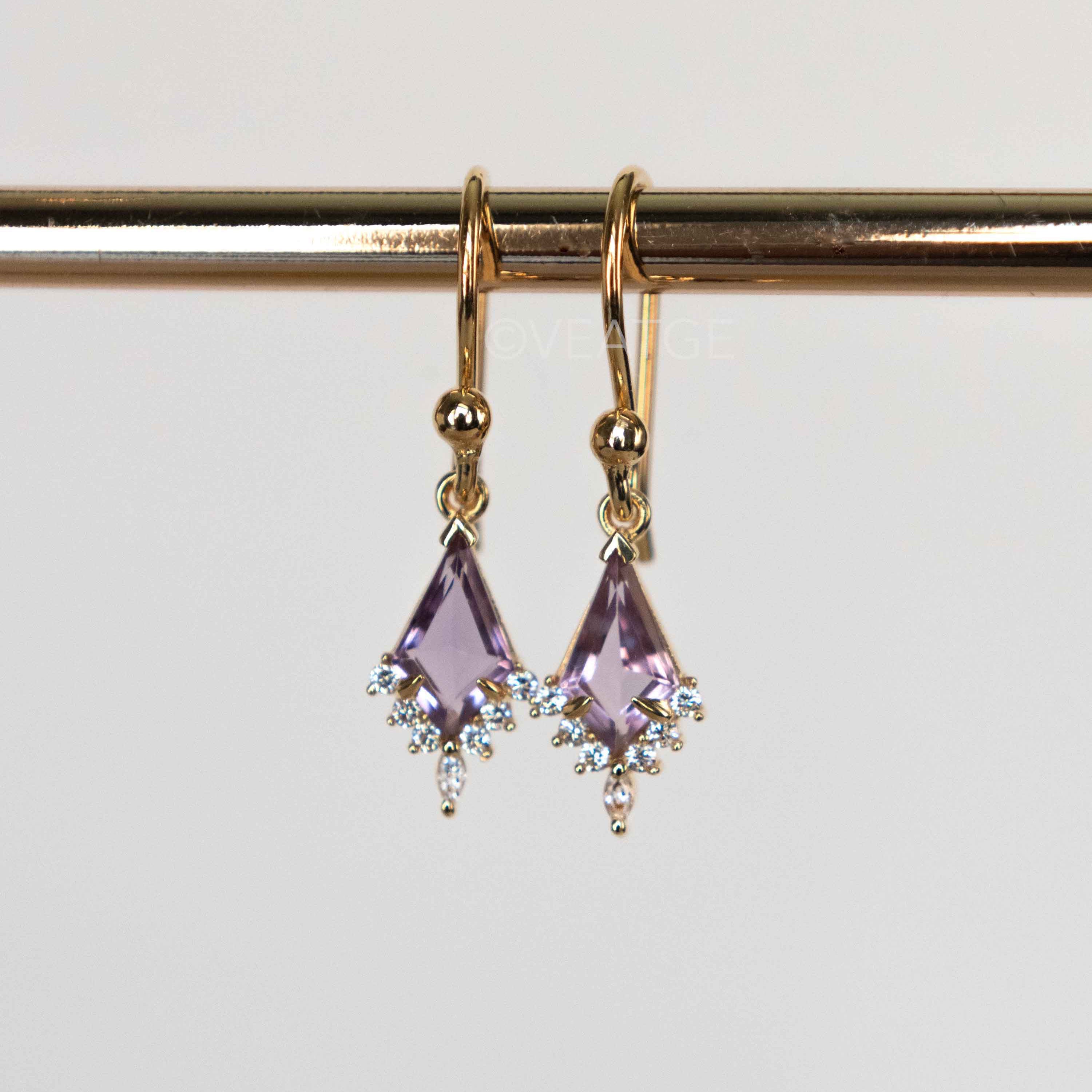 Unique Amethyst Dangle Earrings, February Birthstone Gold Dangle Earring, Custom Kite Cut Jewelry Girls, Birthday Anniversary Gift for Women