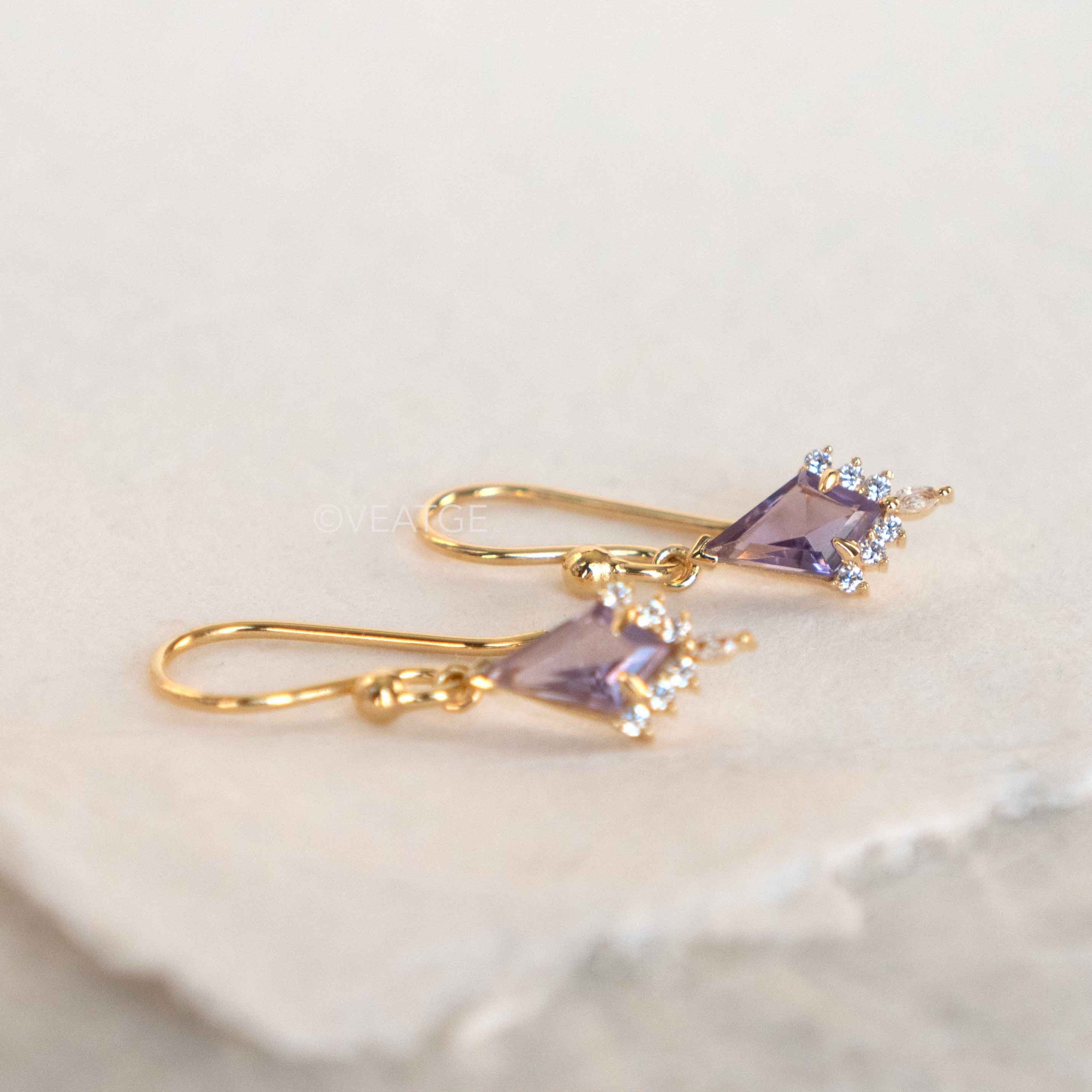 Unique Amethyst Dangle Earrings, February Birthstone Gold Dangle Earring, Custom Kite Cut Jewelry Girls, Birthday Anniversary Gift for Women