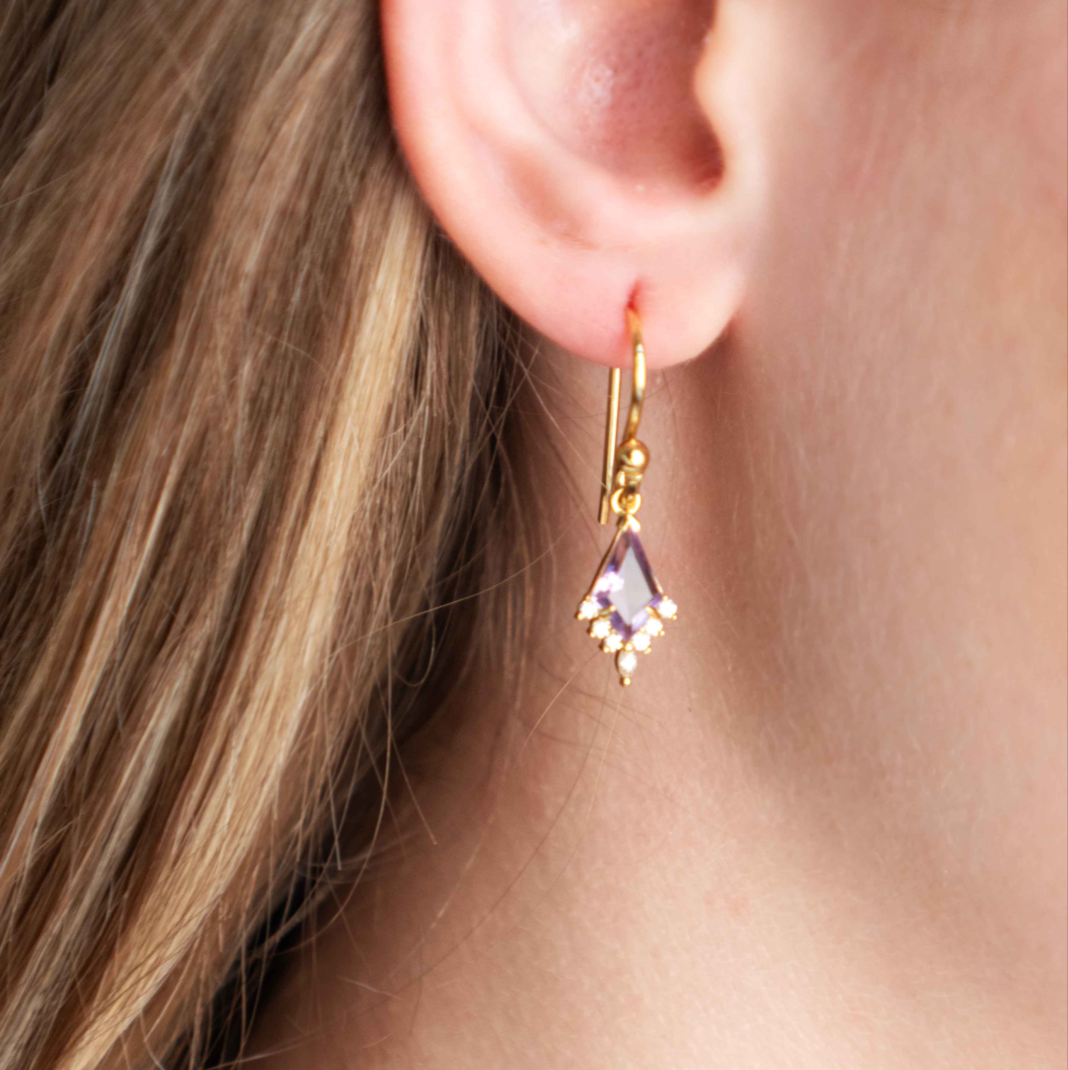 Unique Amethyst Dangle Earrings, February Birthstone Gold Dangle Earring, Custom Kite Cut Jewelry Girls, Birthday Anniversary Gift for Women