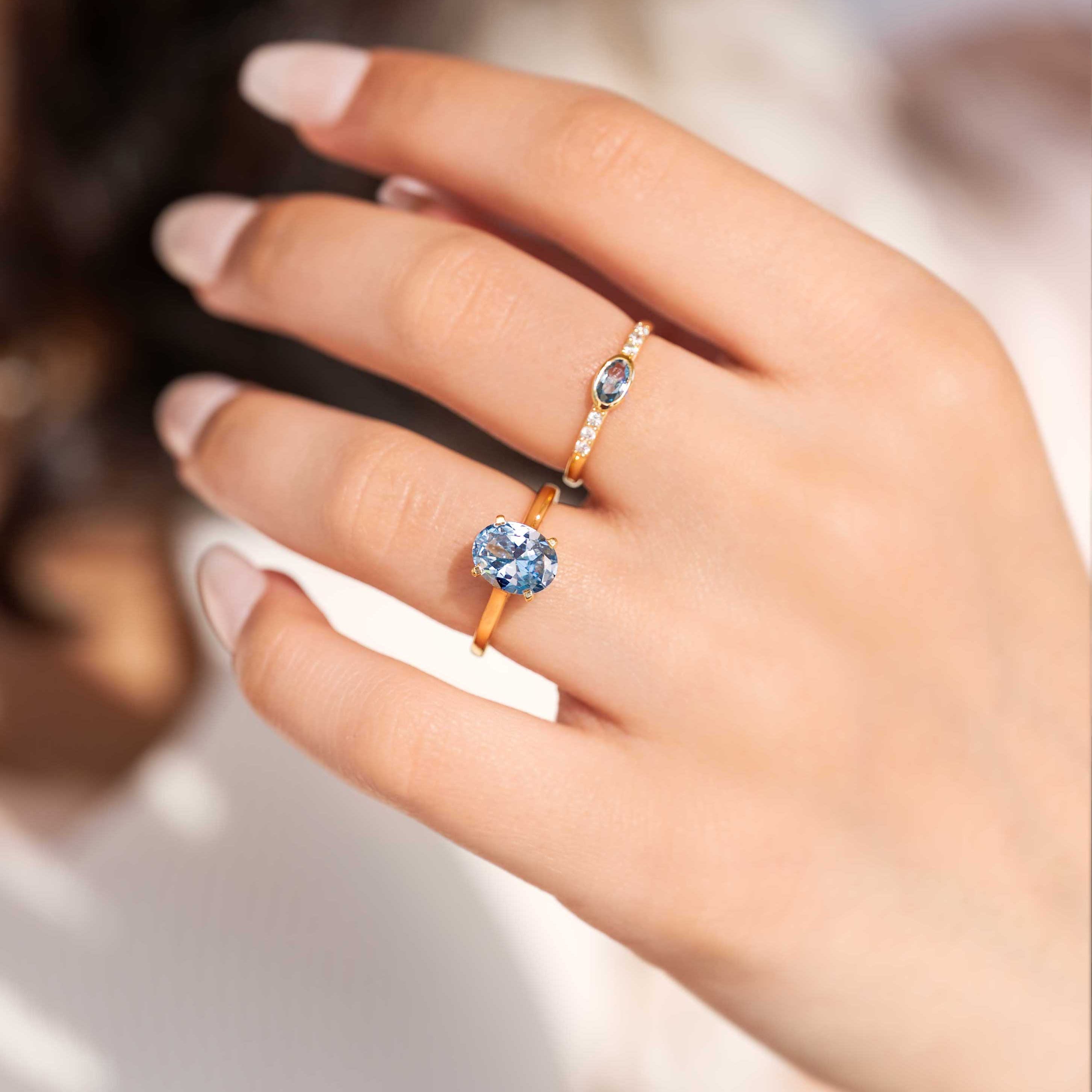 Aquamarine Engagement Ring Hidden Halo, March Birthstone, Birthday Anniversary Gifts, 14k Gold Vermeil, Something Blue Wedding Jewelry