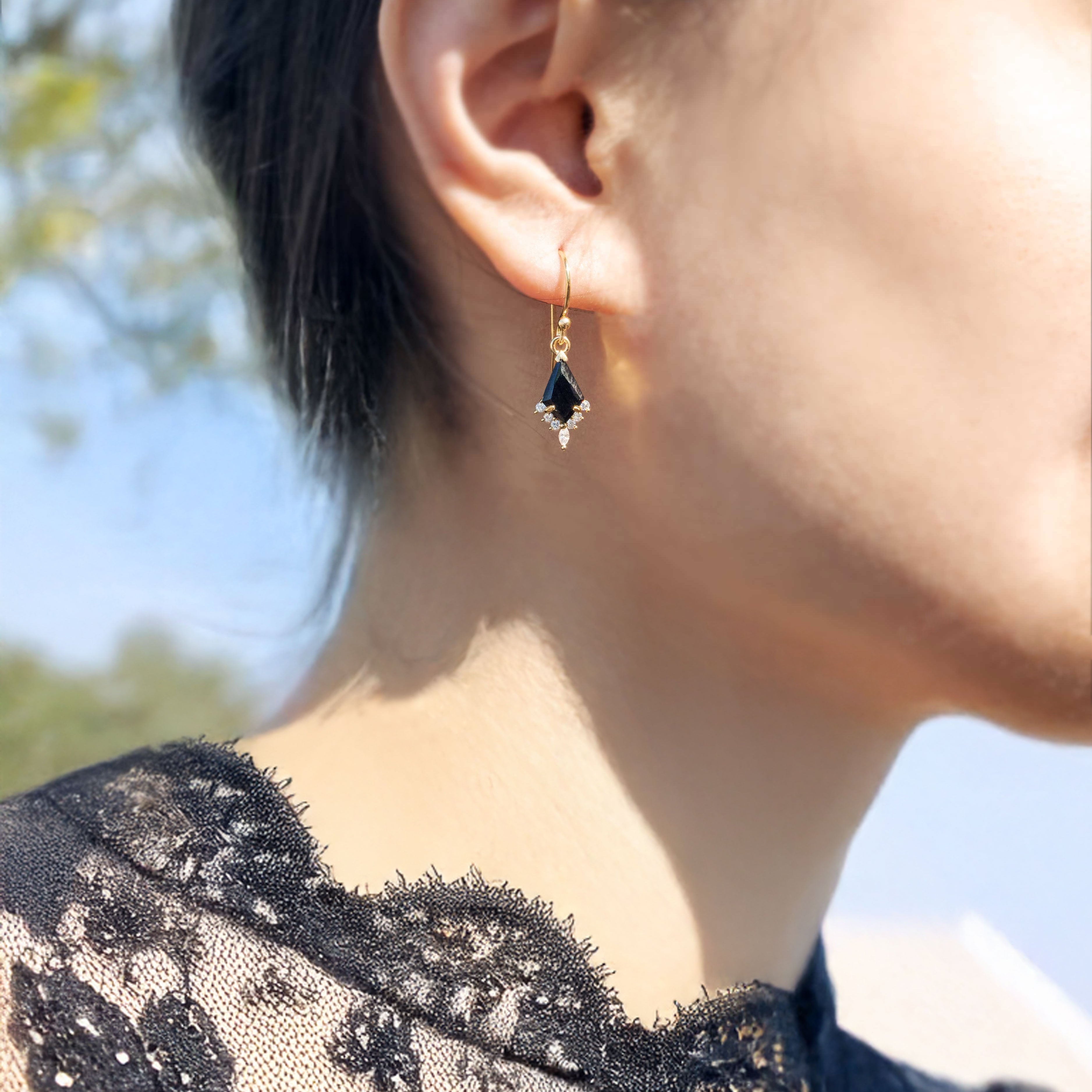 Black Onyx Kite Dangle Earrings in 14k Gold Vermeil, Natural Gemstone Custom cut Kite Shape, Elegant Jewelry Gifts for Women