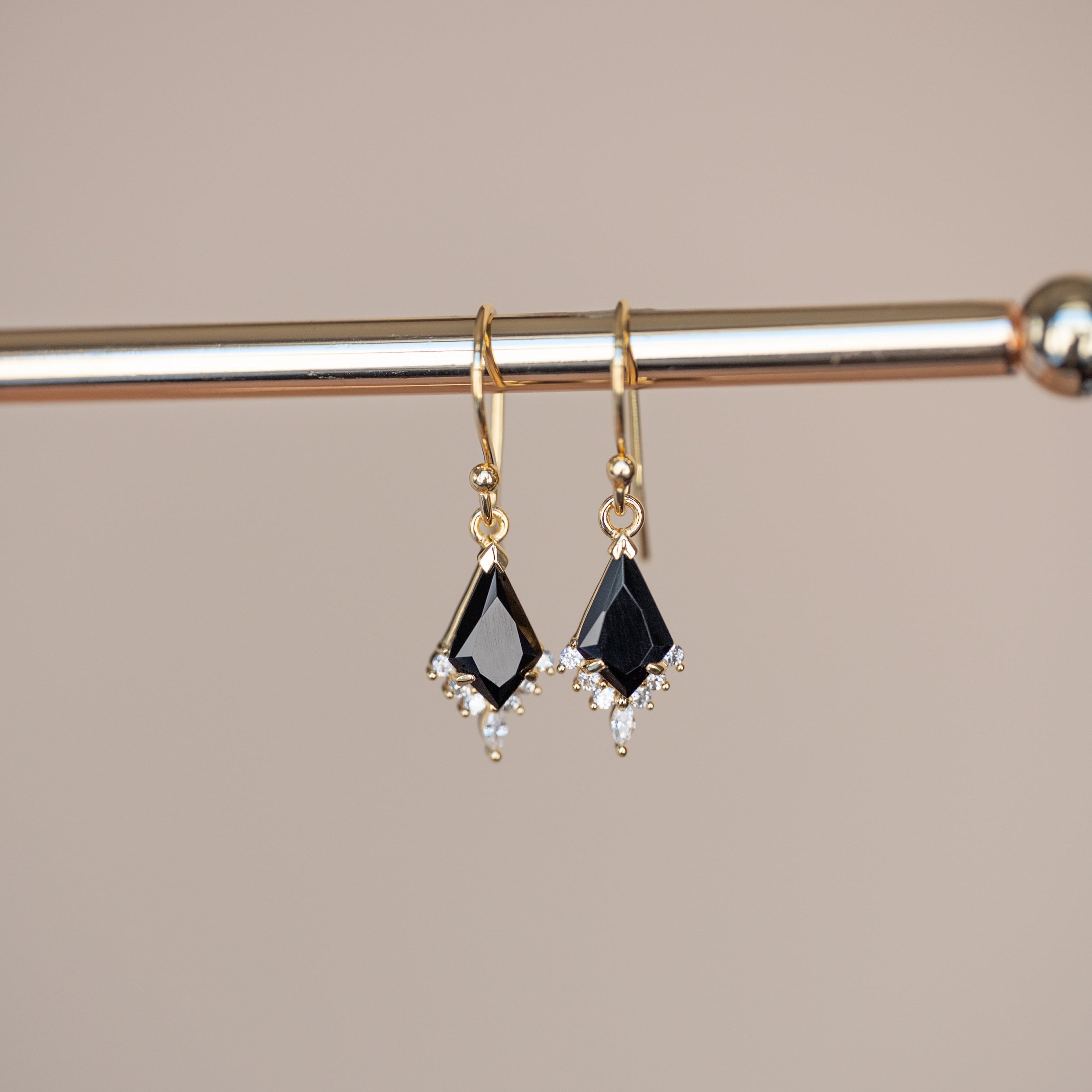Black Onyx Kite Dangle Earrings in 14k Gold Vermeil, Natural Gemstone Custom cut Kite Shape, Elegant Jewelry Gifts for Women