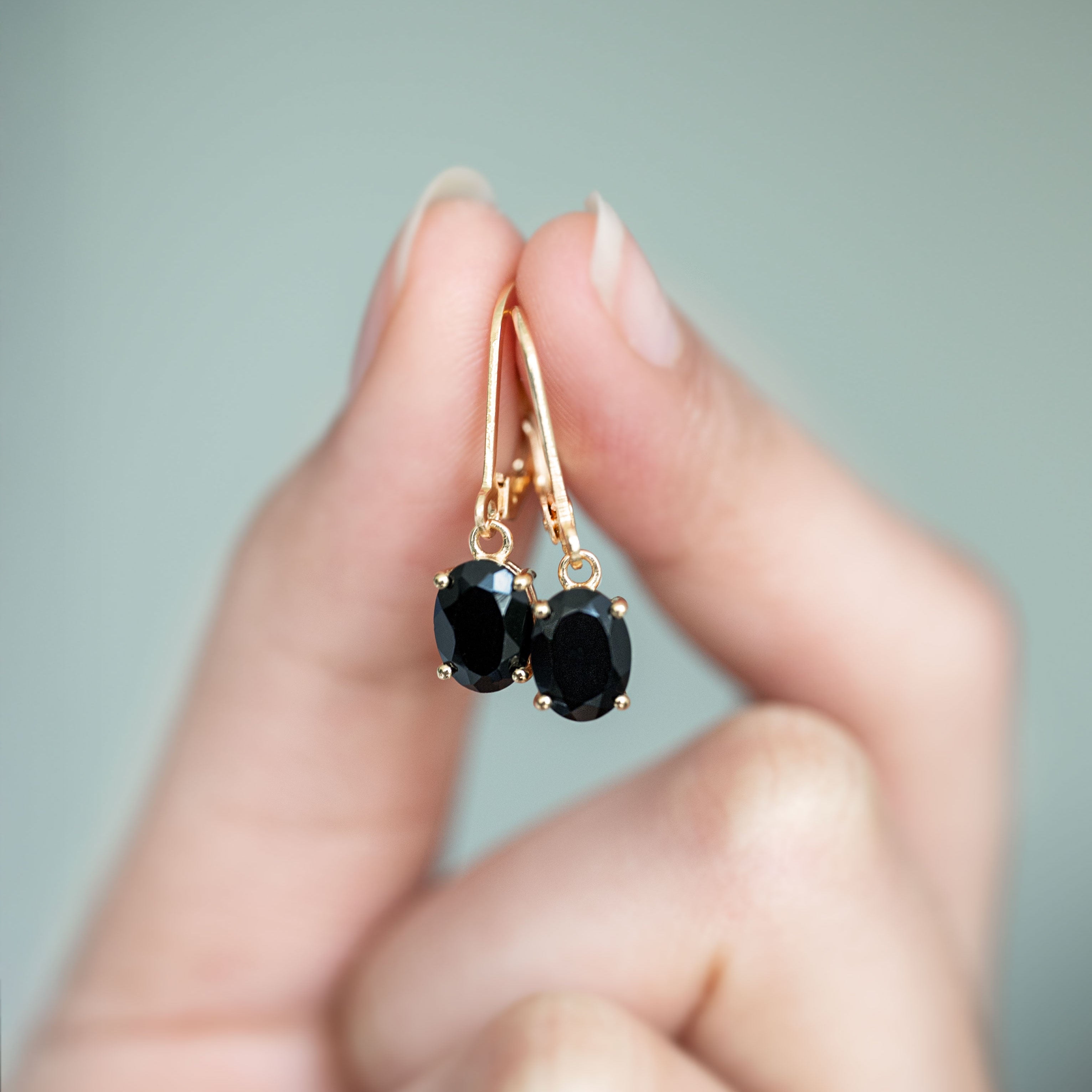 Black Onyx Dangle Earrings Gold Leverback Closed Hook, Black Onyx Protection Jewelry, Gift for Women, Everyday Earrings
