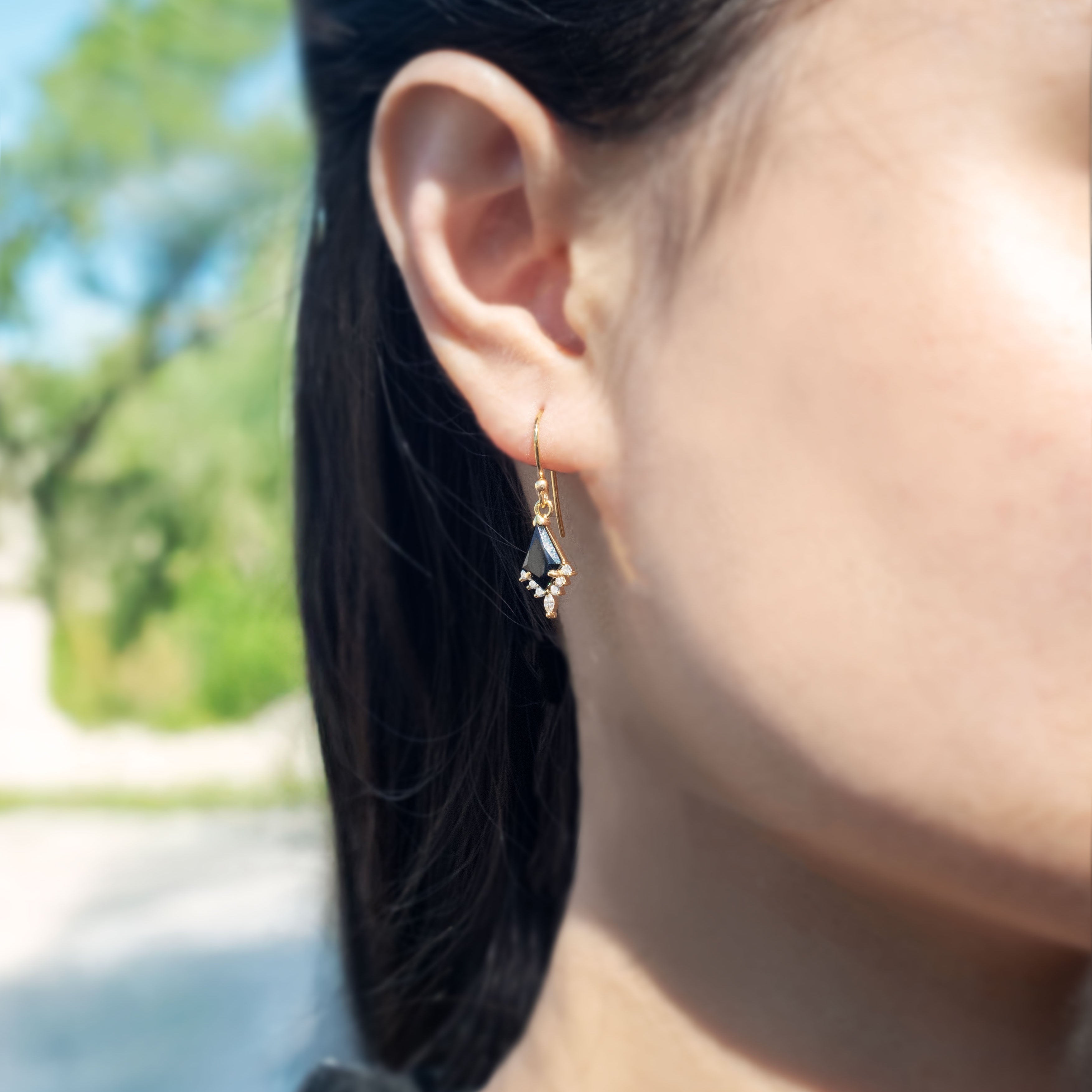 Black Onyx Kite Dangle Earrings in 14k Gold Vermeil, Natural Gemstone Custom cut Kite Shape, Elegant Jewelry Gifts for Women