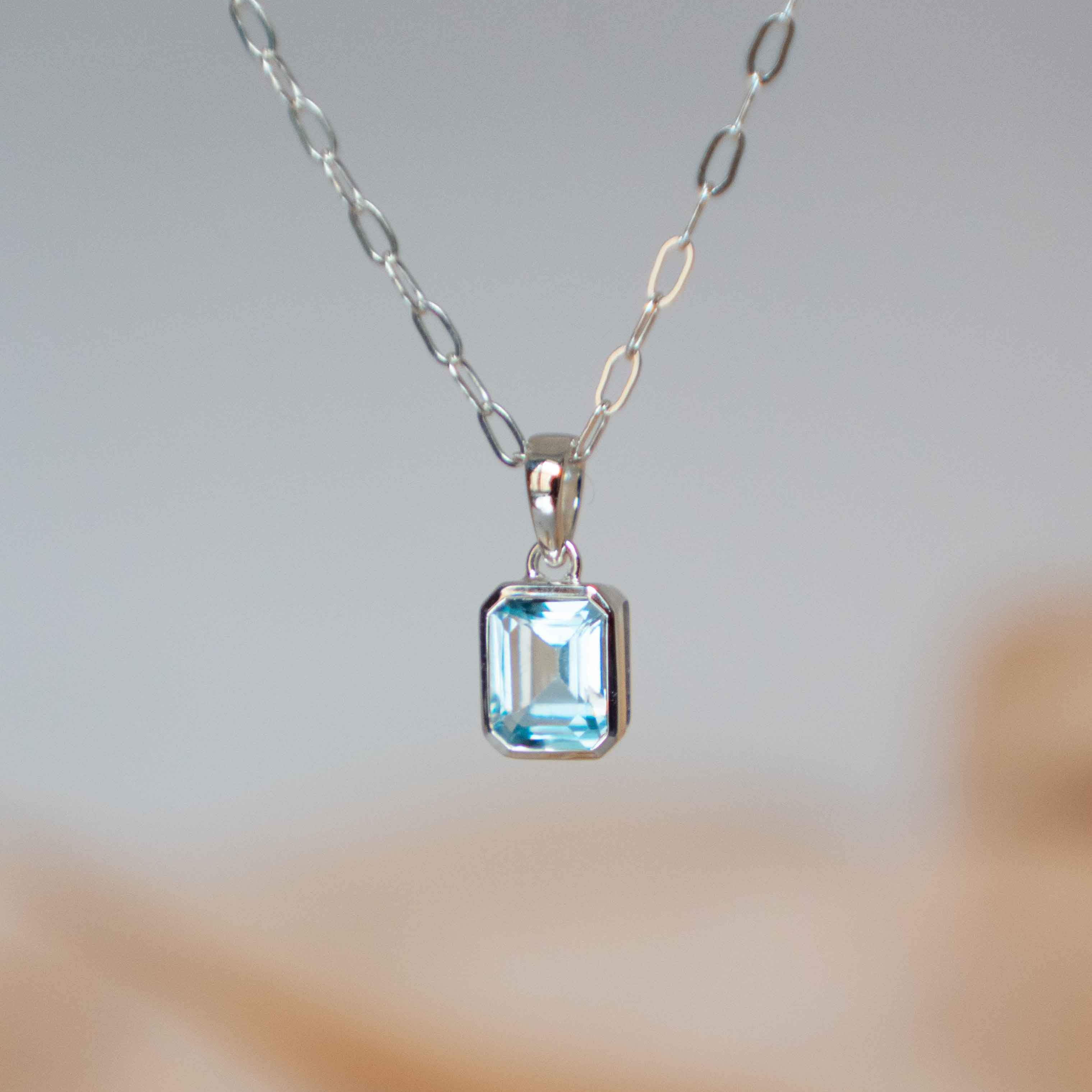 Blue Topaz Pendant Necklace Octagon Emerald Cut 925 Sterling Silver with Paperclip Chain, Blue Topaz Jewelry Gifts for Women Birthday Anniversary, December Birthstone