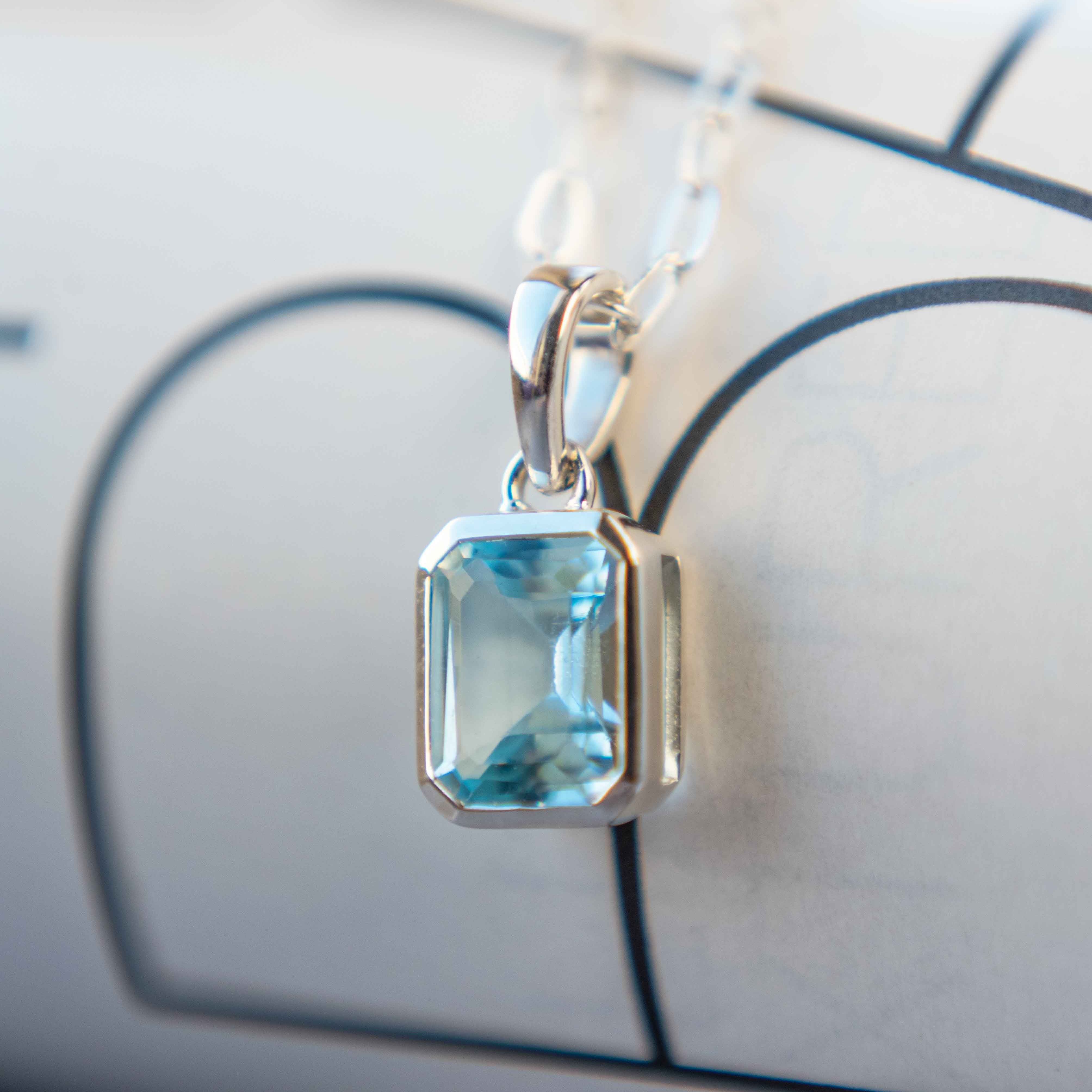 Blue Topaz Pendant Necklace Octagon Emerald Cut 925 Sterling Silver with Paperclip Chain, Blue Topaz Jewelry Gifts for Women Birthday Anniversary, December Birthstone