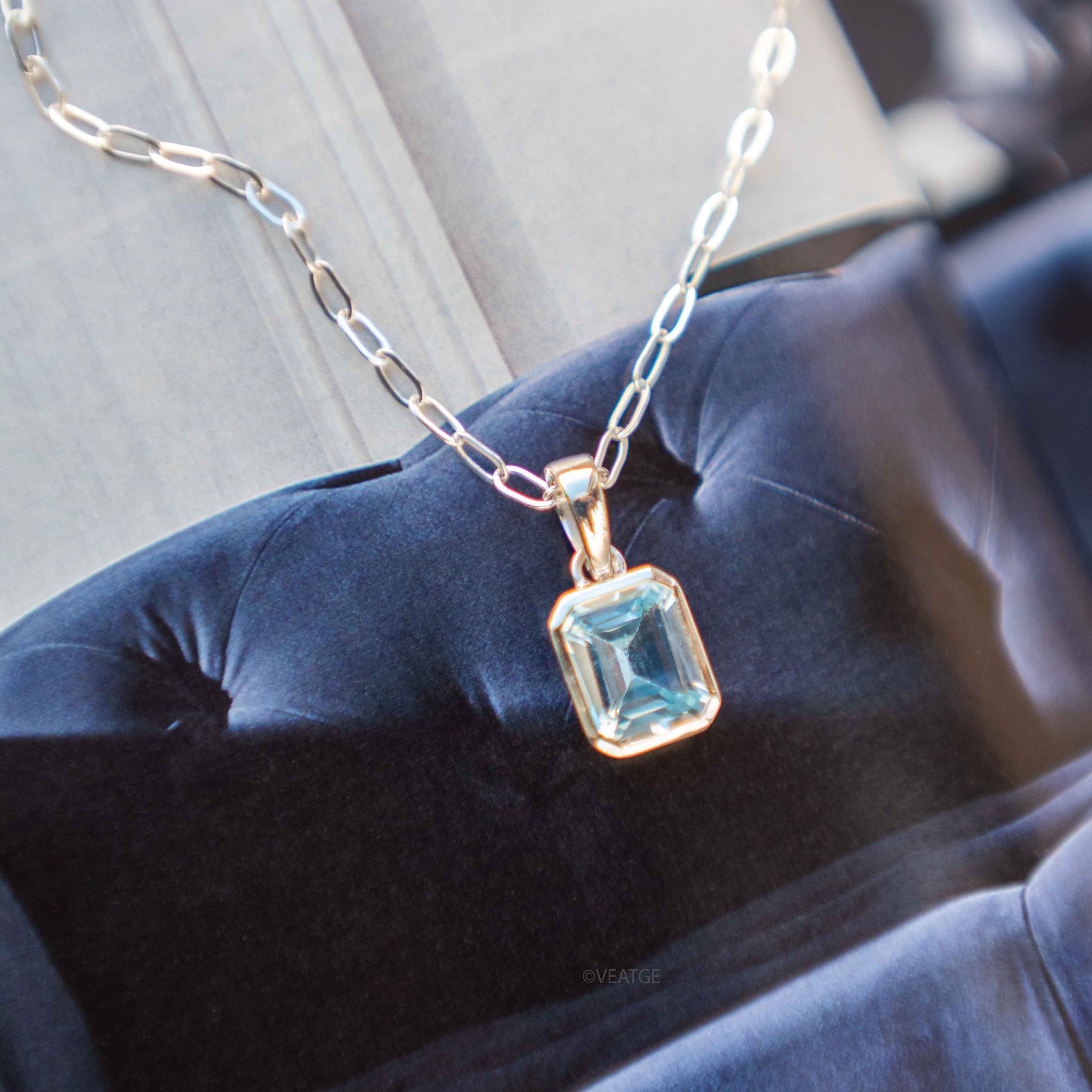 Blue Topaz Pendant Necklace Octagon Emerald Cut 925 Sterling Silver with Paperclip Chain, Blue Topaz Jewelry Gifts for Women Birthday Anniversary, December Birthstone