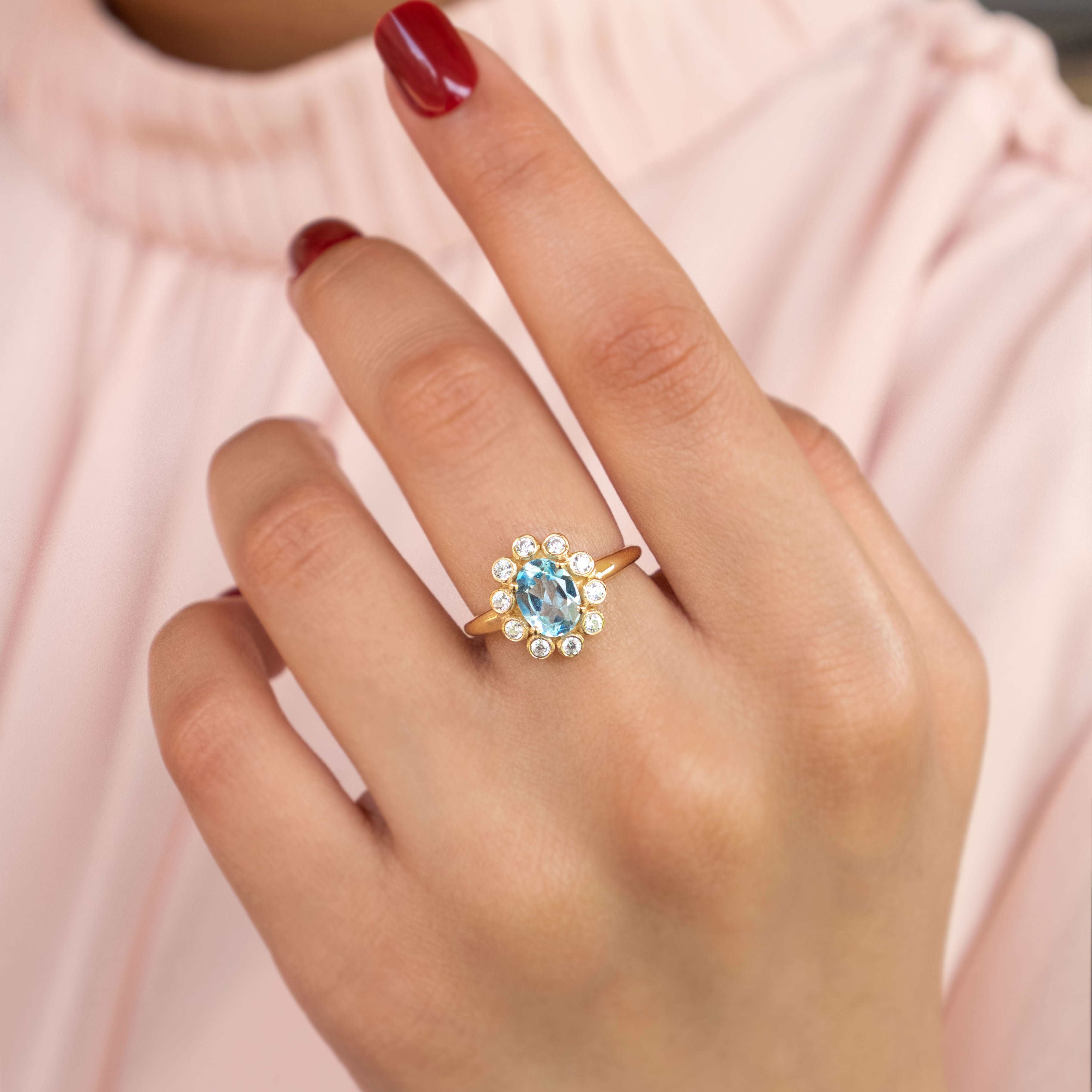 Blue Topaz Ring Floral design, flower jewelry for women, engagement wedding rings, Anniversary gifts for wife, mother's day gifts for mom, flower motif themed jewelry