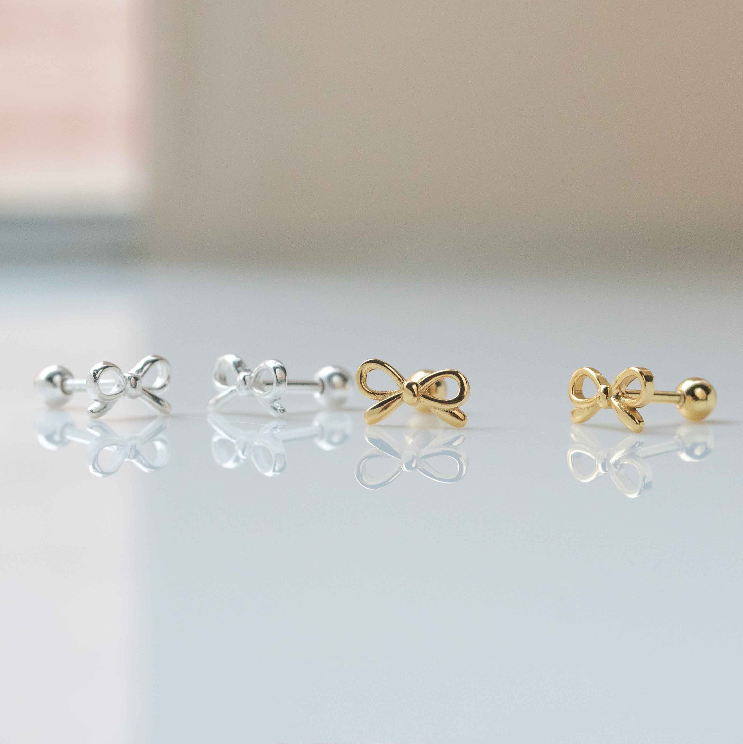 tiny bow screwback earrings in silver 925 gifts for girls, sleeper earrings
