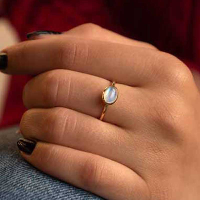 Natural Moonstone Ring Gold Blue Rainbow Flash Dainty Minimalist Promise Rings for Women, June Birthstone Birthday Gifts for Girls