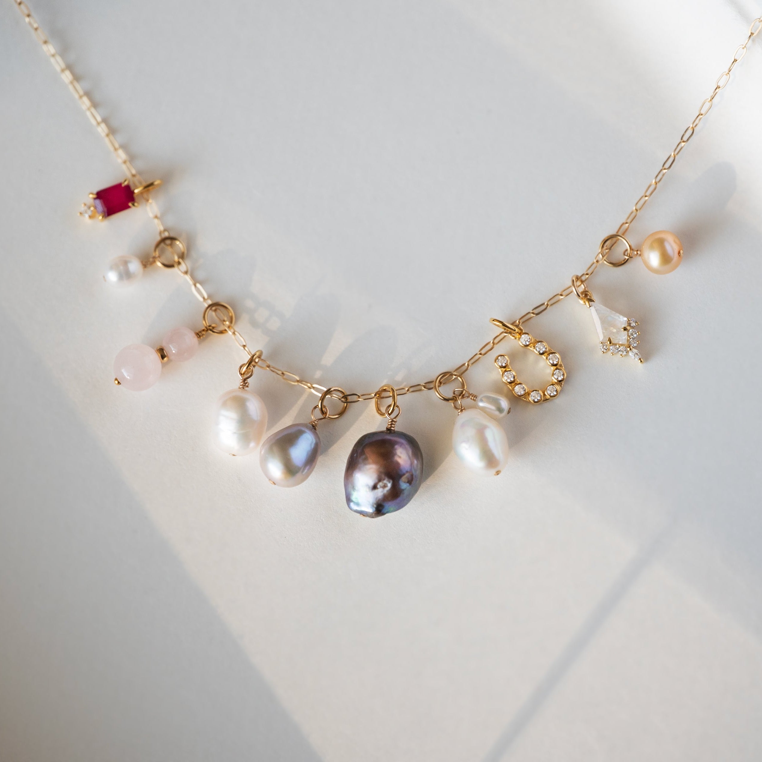 gold filled pearl charms necklace