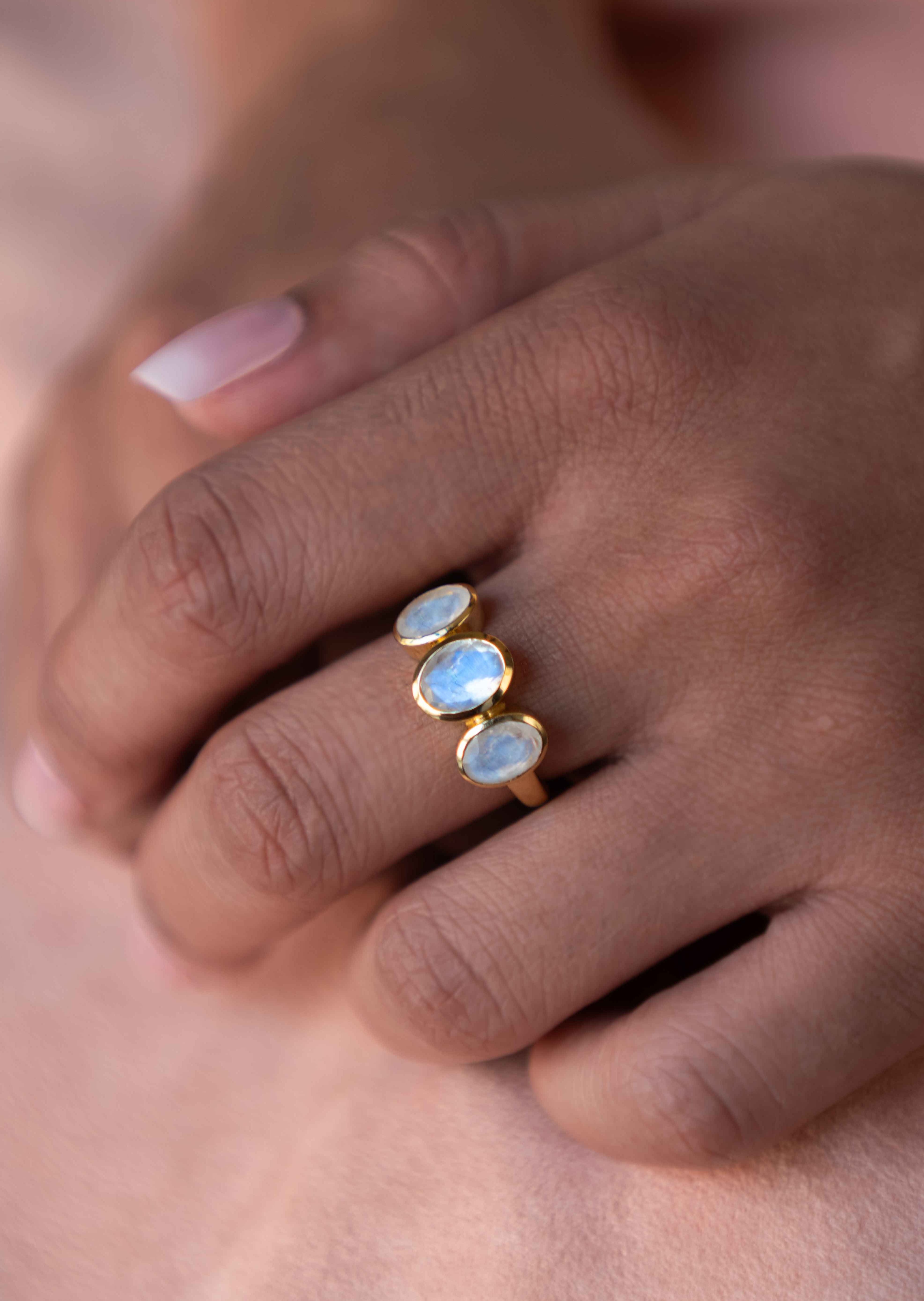 Three Moonstone ring silver gold rose gold