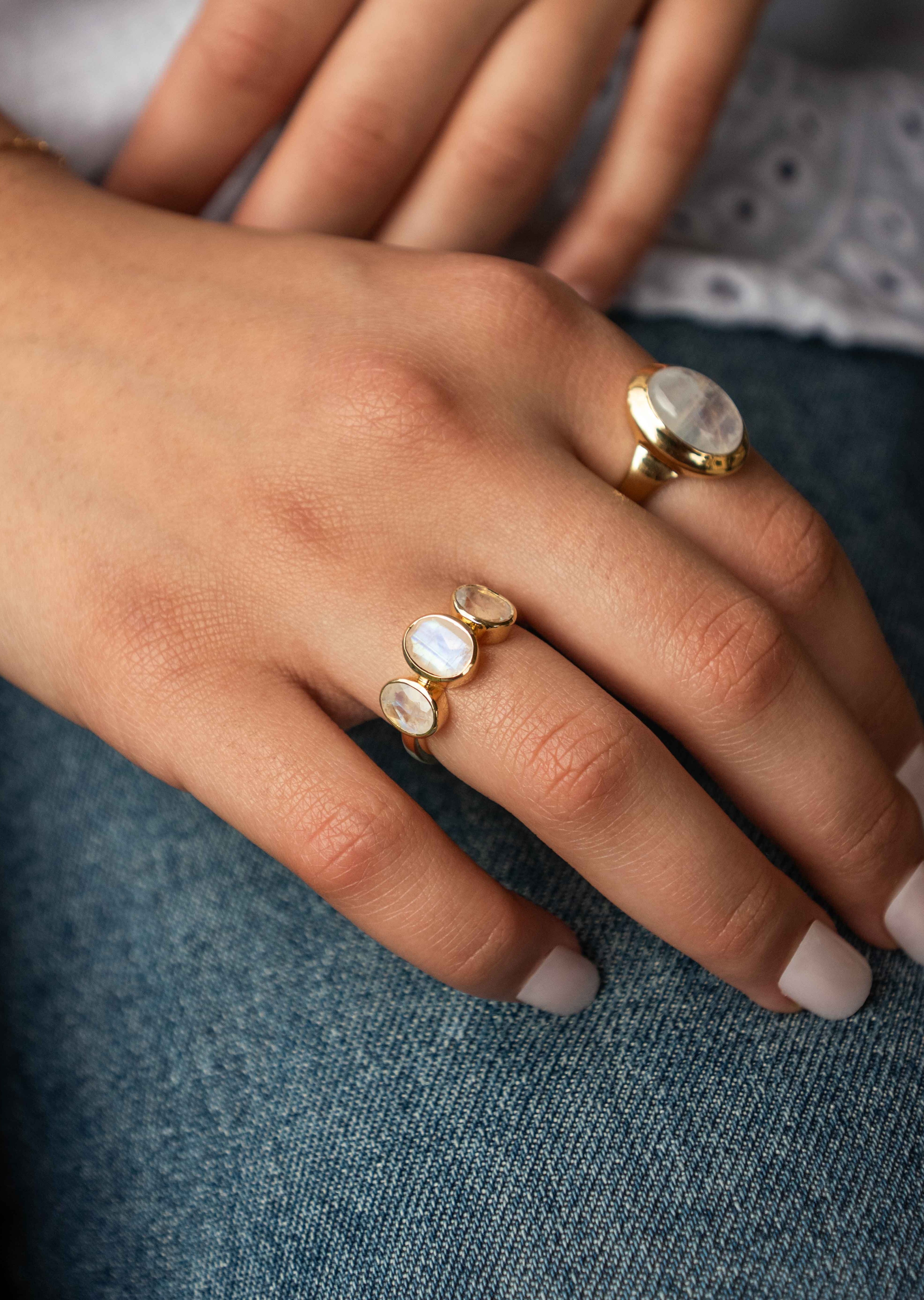 Three Moonstone ring silver gold rose gold