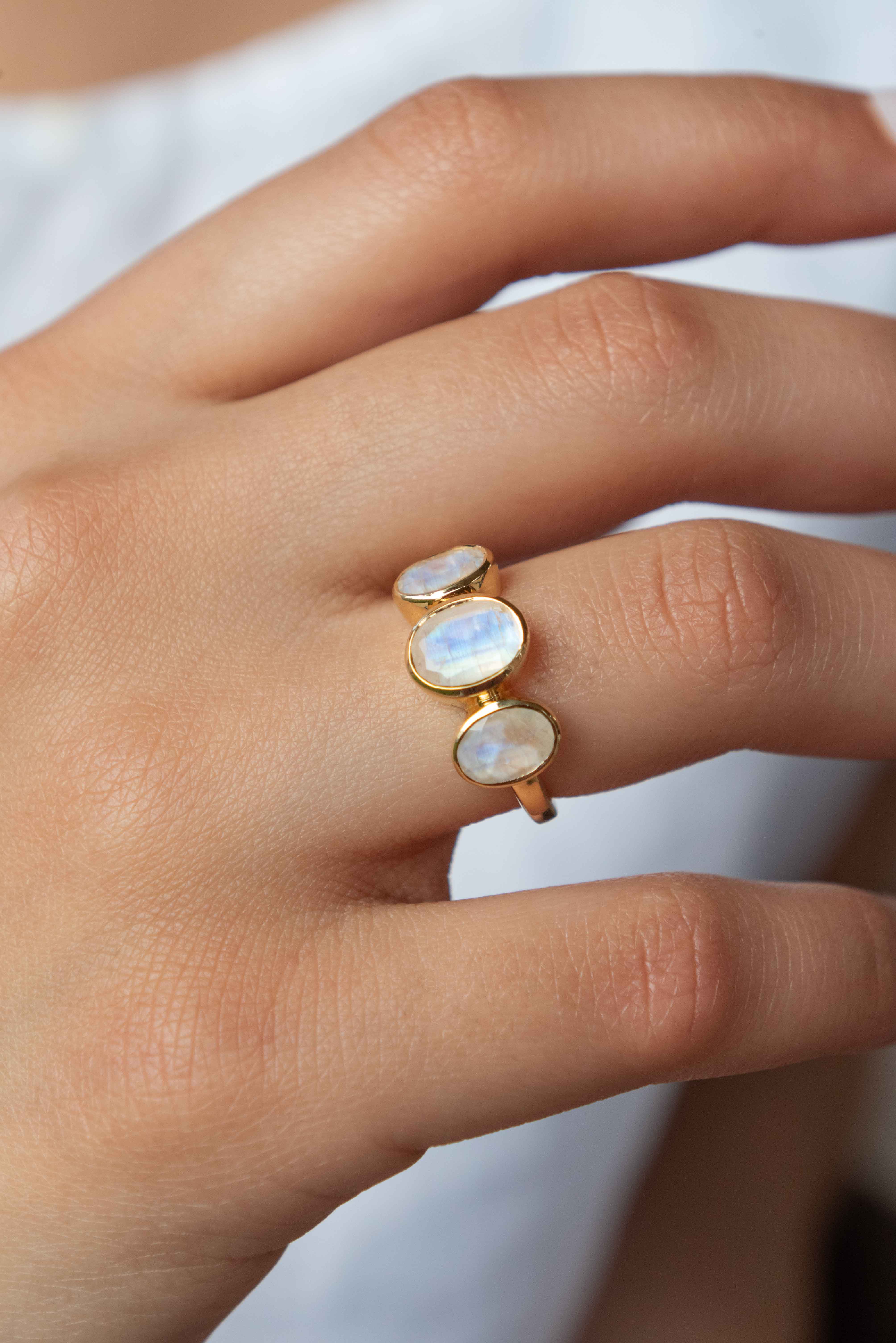 Three Moonstone ring silver gold rose gold