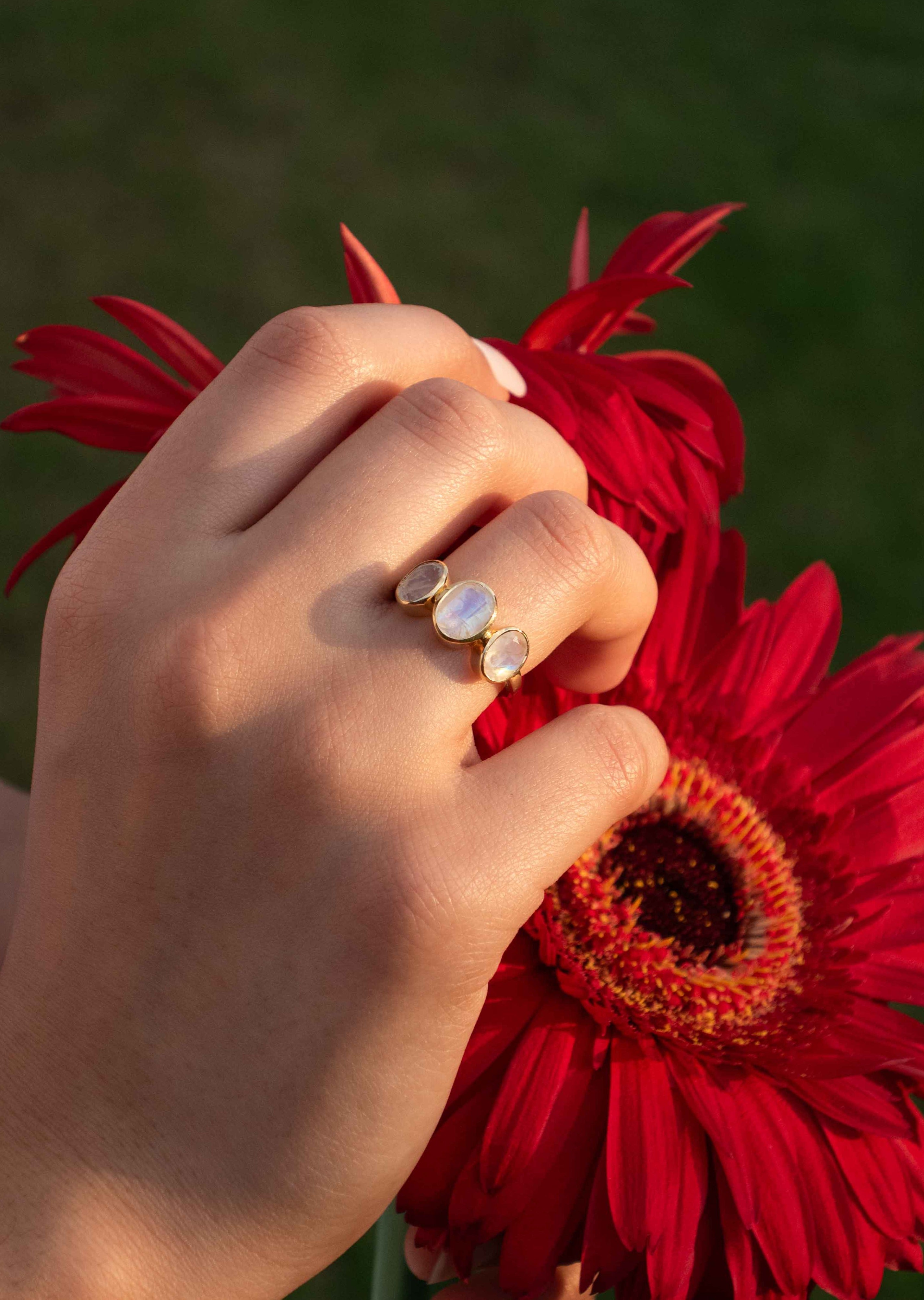 Three Moonstone ring silver gold rose gold