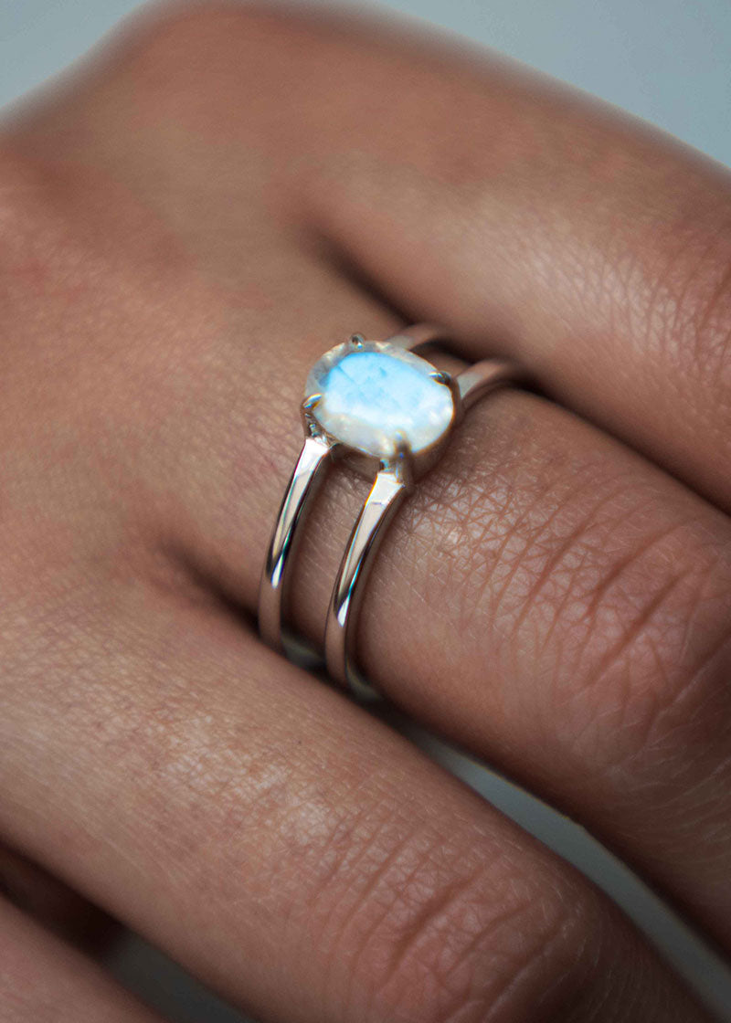 Oval Rainbow Moonstone Double Band Ring in Rhodium plated Sterling Silver and Rose Gold