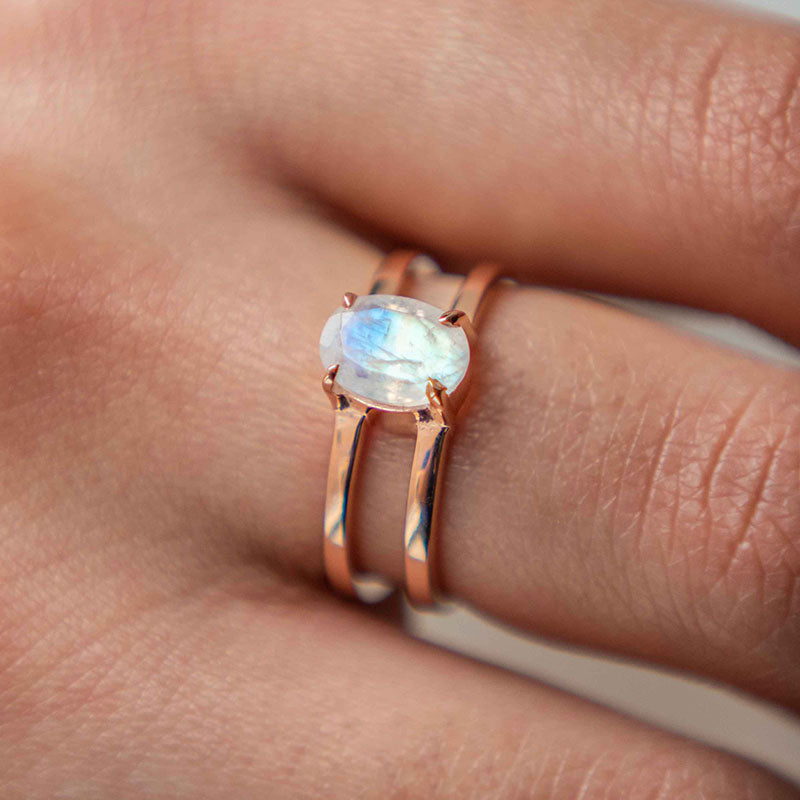 Oval Rainbow Moonstone Double Band Ring in Rhodium plated Sterling Silver and Rose Gold