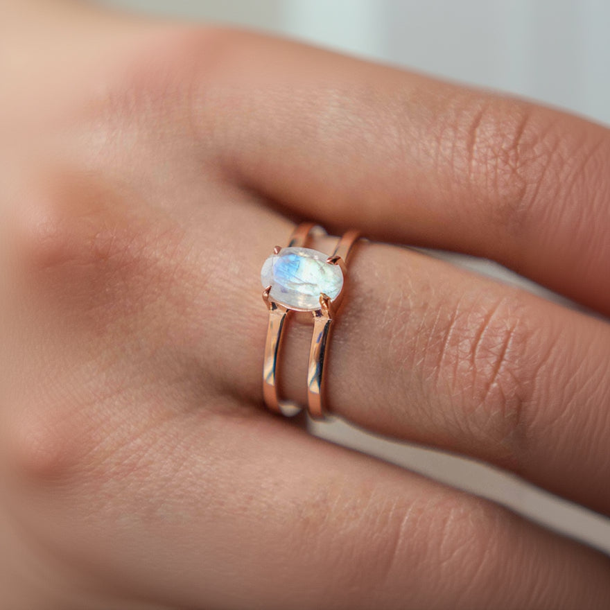 Oval Rainbow Moonstone Double Band Ring in Rhodium plated Sterling Silver and Rose Gold