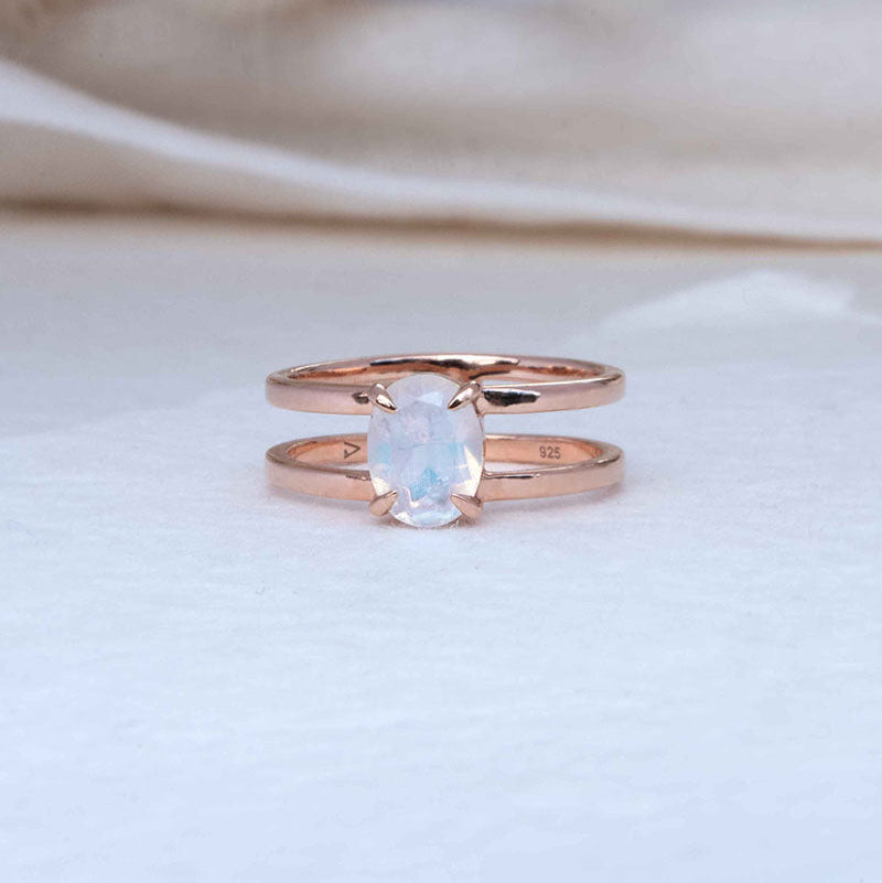 Oval Rainbow Moonstone Double Band Ring in Rhodium plated Sterling Silver and Rose Gold