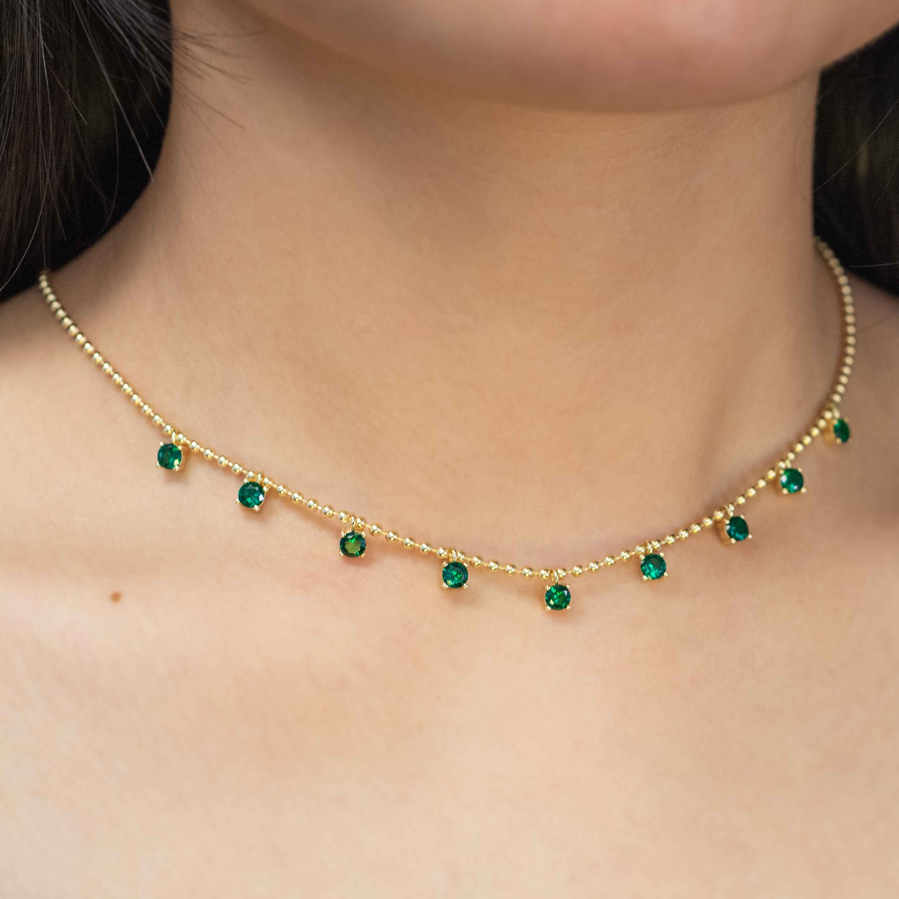 Emerald Droplet Station Necklace 14k Gold over 925 Silver, Emerald Charm Dainty Layering Necklace, May Birthstone, Mom Wife Best Friend Girlfriend Birthday Gift
