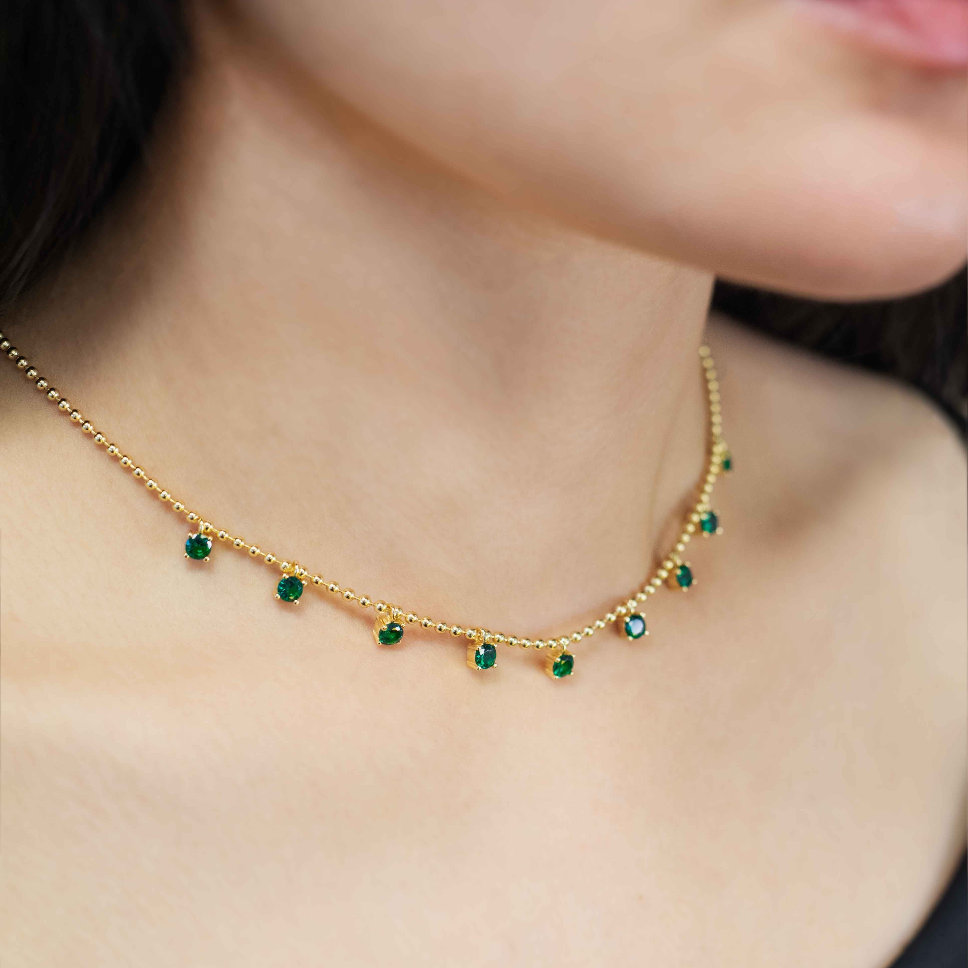 Emerald Droplet Station Necklace 14k Gold over 925 Silver, Emerald Charm Dainty Layering Necklace, May Birthstone, Mom Wife Best Friend Girlfriend Birthday Gift
