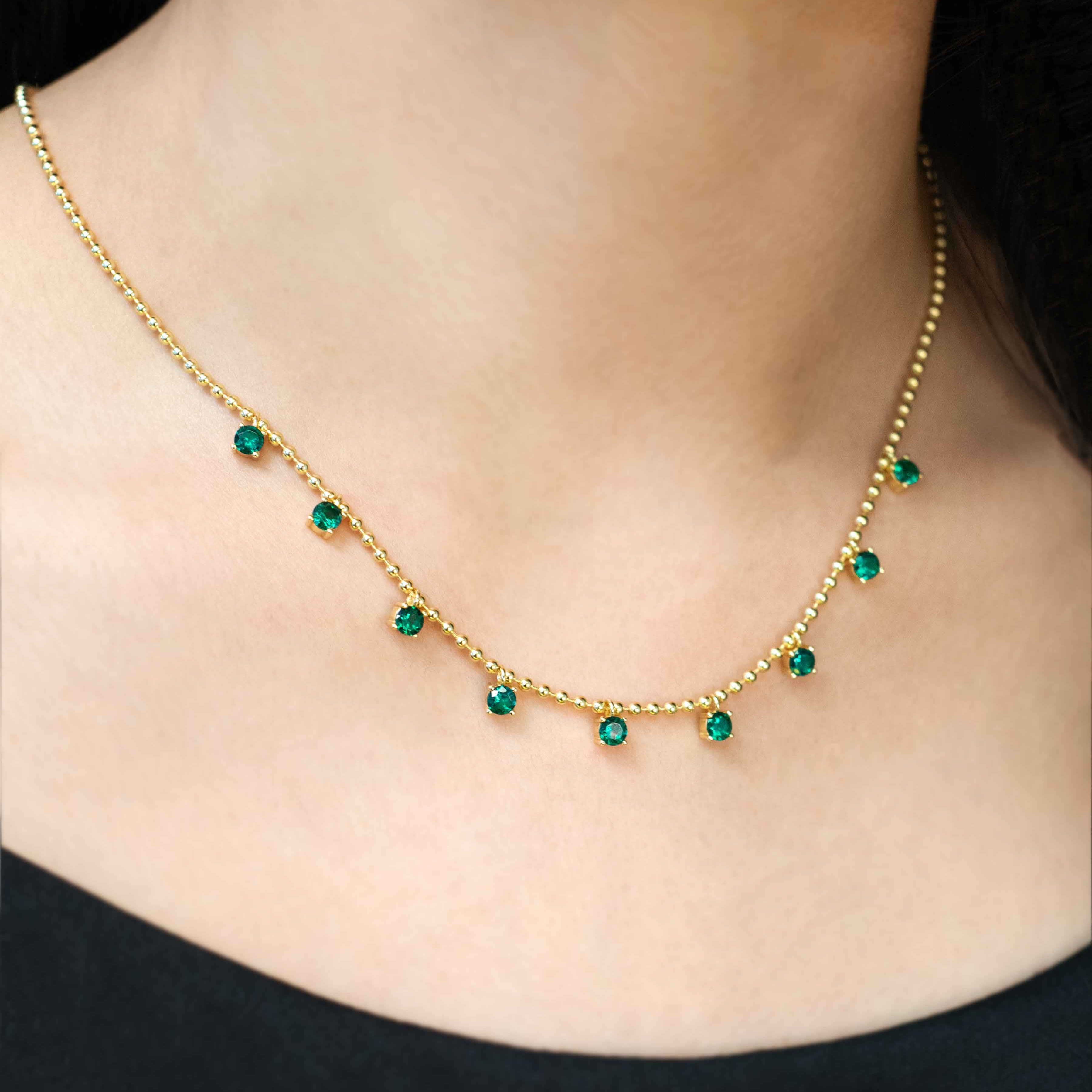 Emerald Droplet Station Necklace 14k Gold over 925 Silver, Emerald Charm Dainty Layering Necklace, May Birthstone, Mom Wife Best Friend Girlfriend Birthday Gift