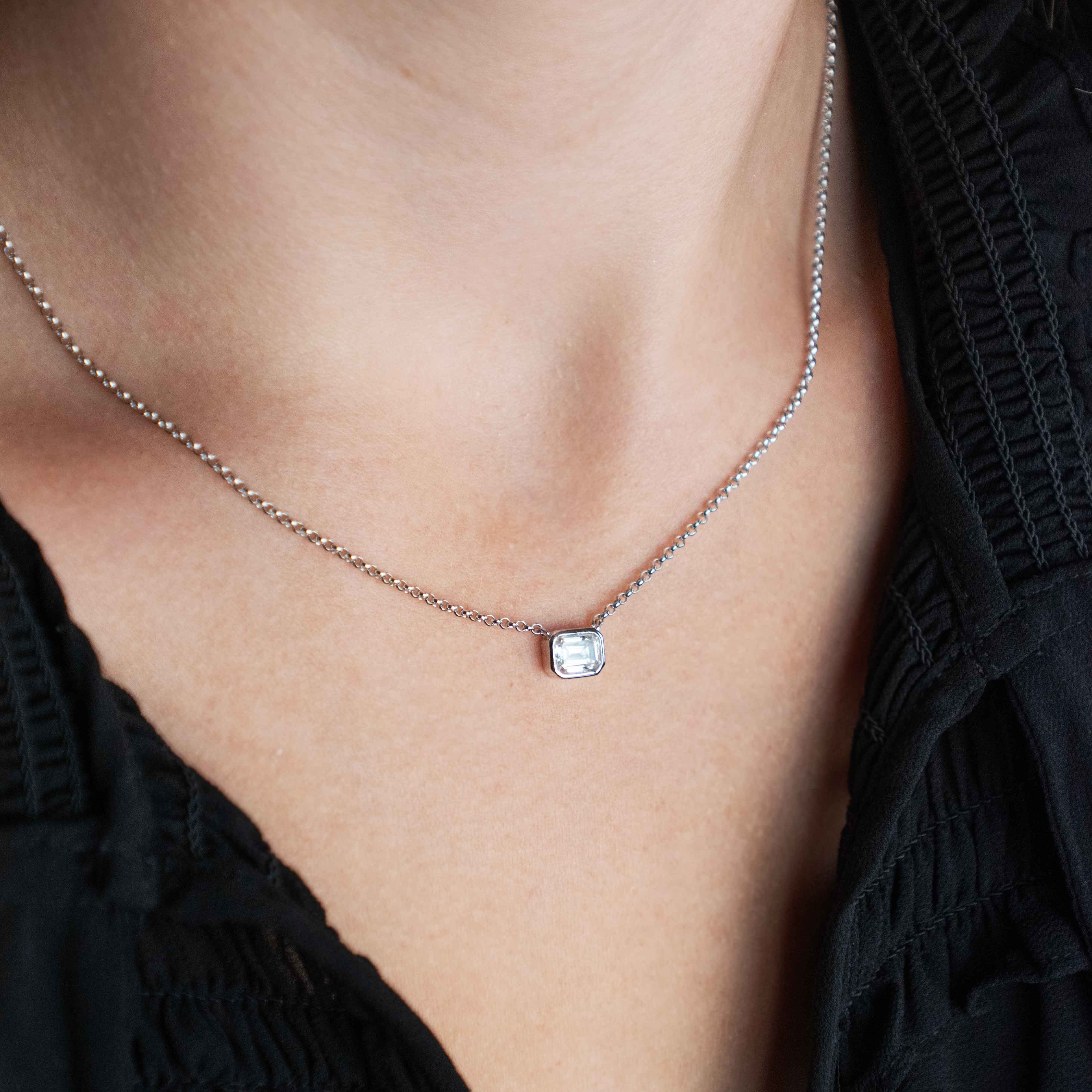 1ct Emerald Cut Moissanite Necklace, Sterling Silver Moissanite Pendant, Emerald Cut Moissanite Necklace for Women, engagement Necklace