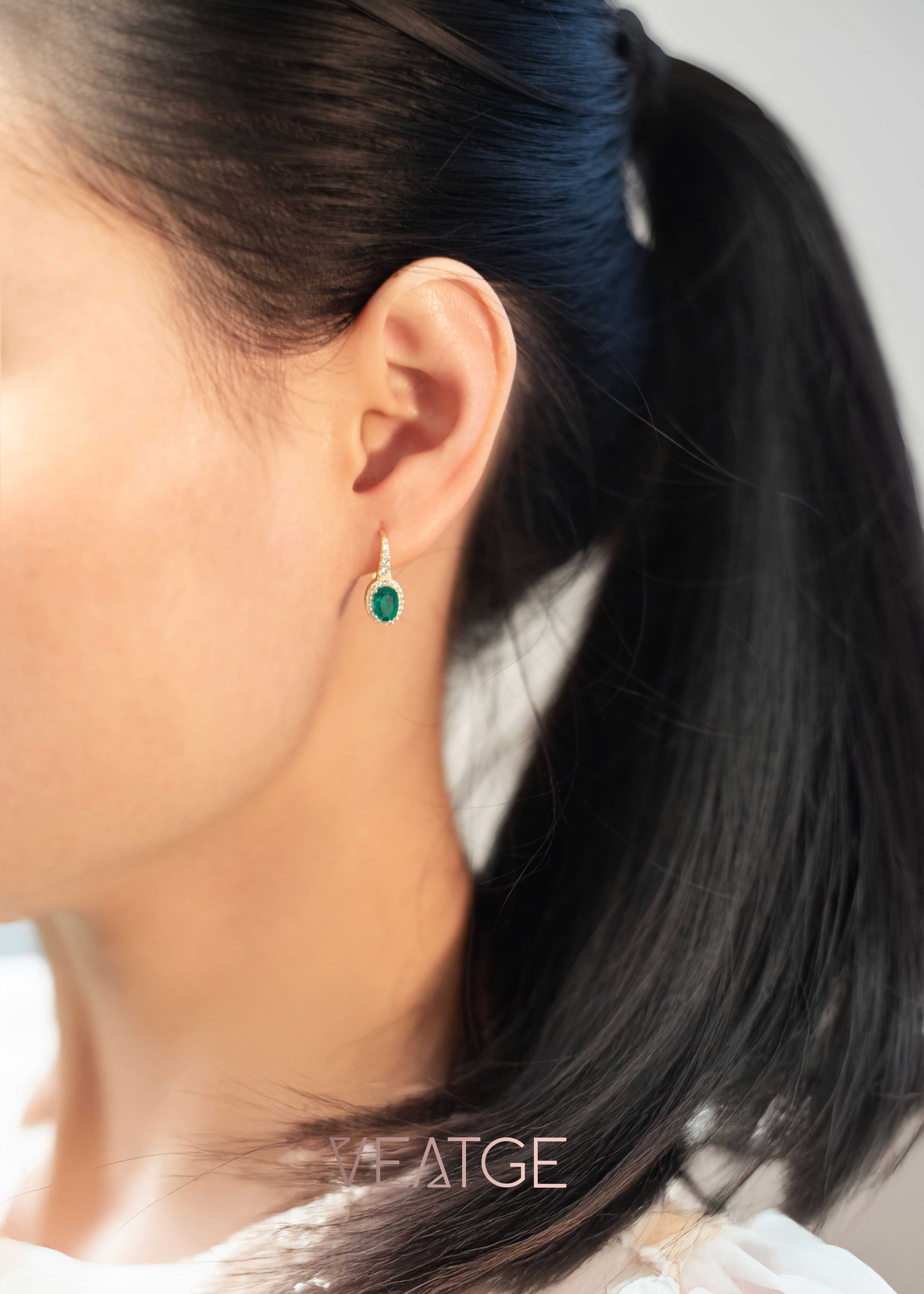 Emerald Halo Drop Earringsin Sterling Silver and 14k Gold Vermeil, May Birthstone Jewelry, Elegant Gift for Mom Wife Birthday, Green Emerald