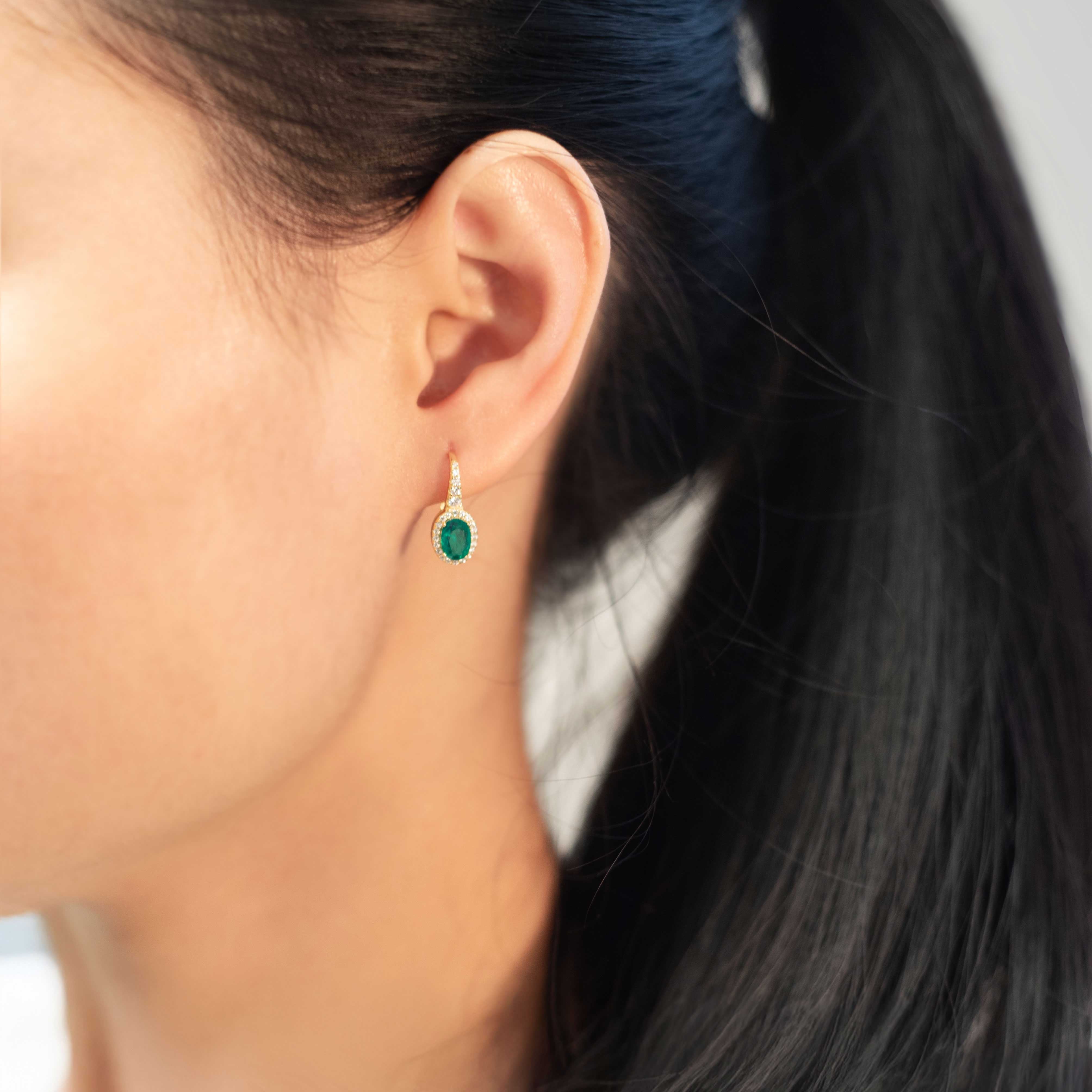 Emerald Halo Drop Earringsin Sterling Silver and 14k Gold Vermeil, May Birthstone Jewelry, Elegant Gift for Mom Wife Birthday, Green Emerald