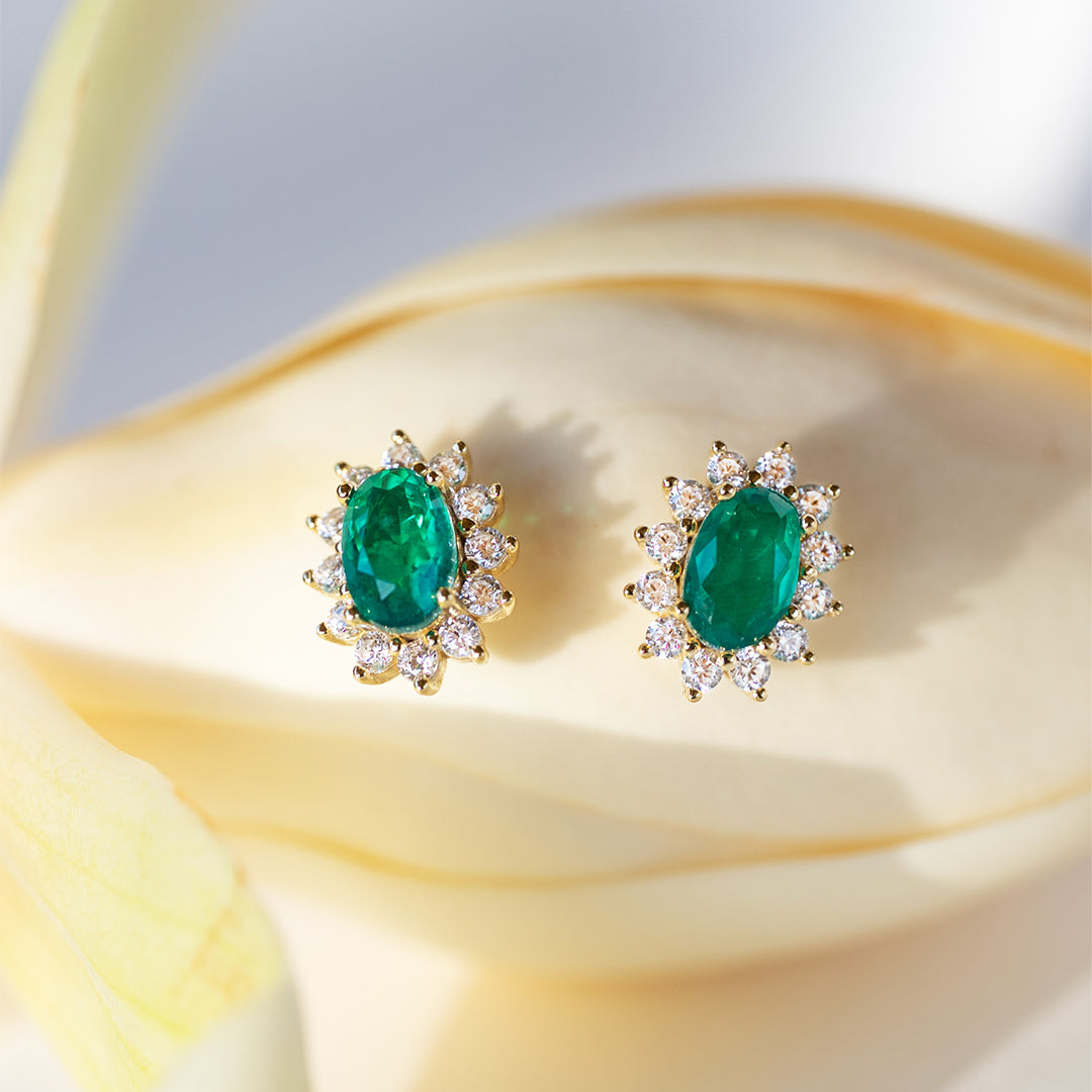 Emerald Stud Earrings with Halo Diamonds gold plated