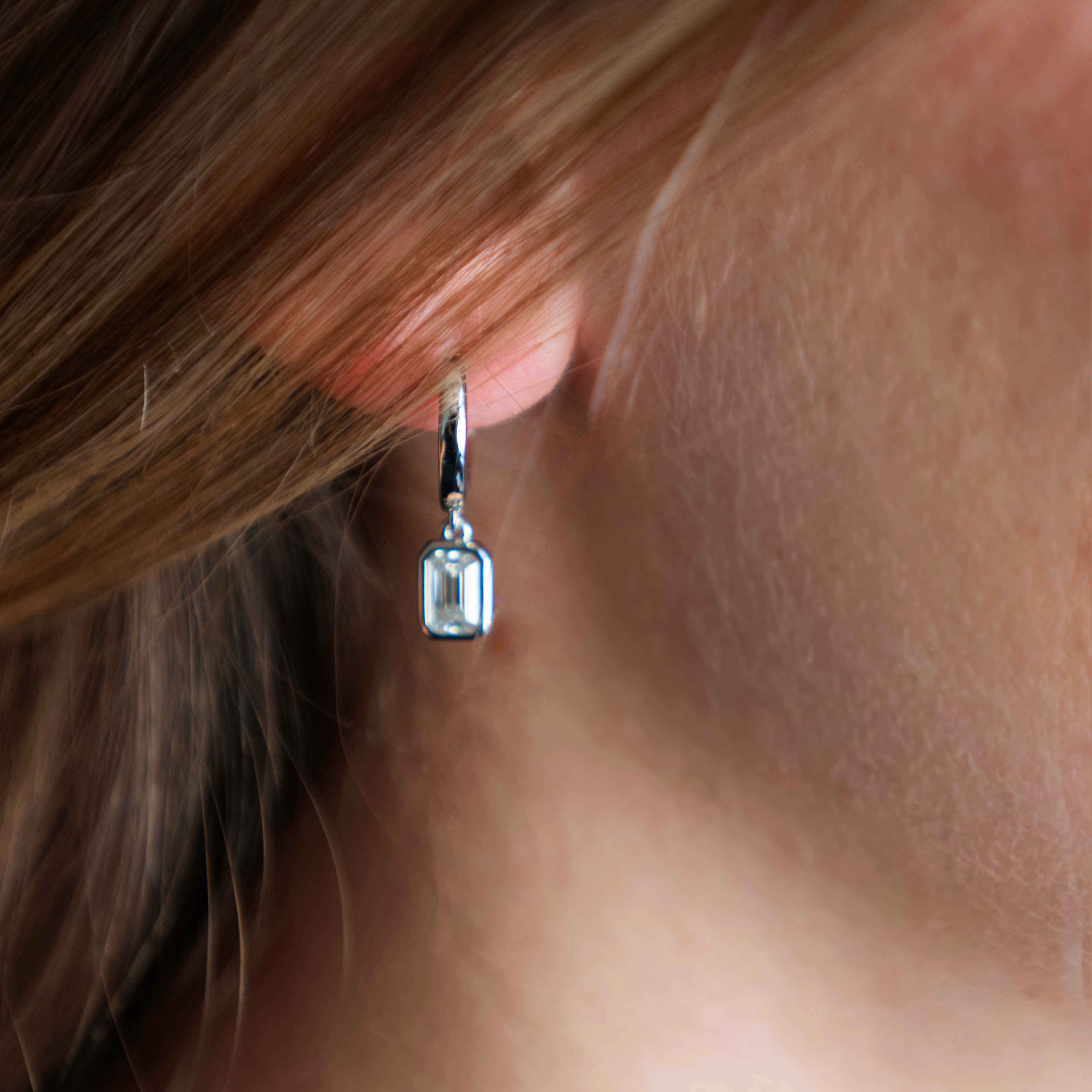 Emerald Cut Diamond Hoops in 925 Sterling Silver Anti-tarnish, Moissanite Gemstone, Minimalist Drop Dangle Unique Earrings Gifts for Women, Silver Hoops Earrings, Drop Dangle Earrings in Sterling Silver, Cute Diamond Earrings Solitaire