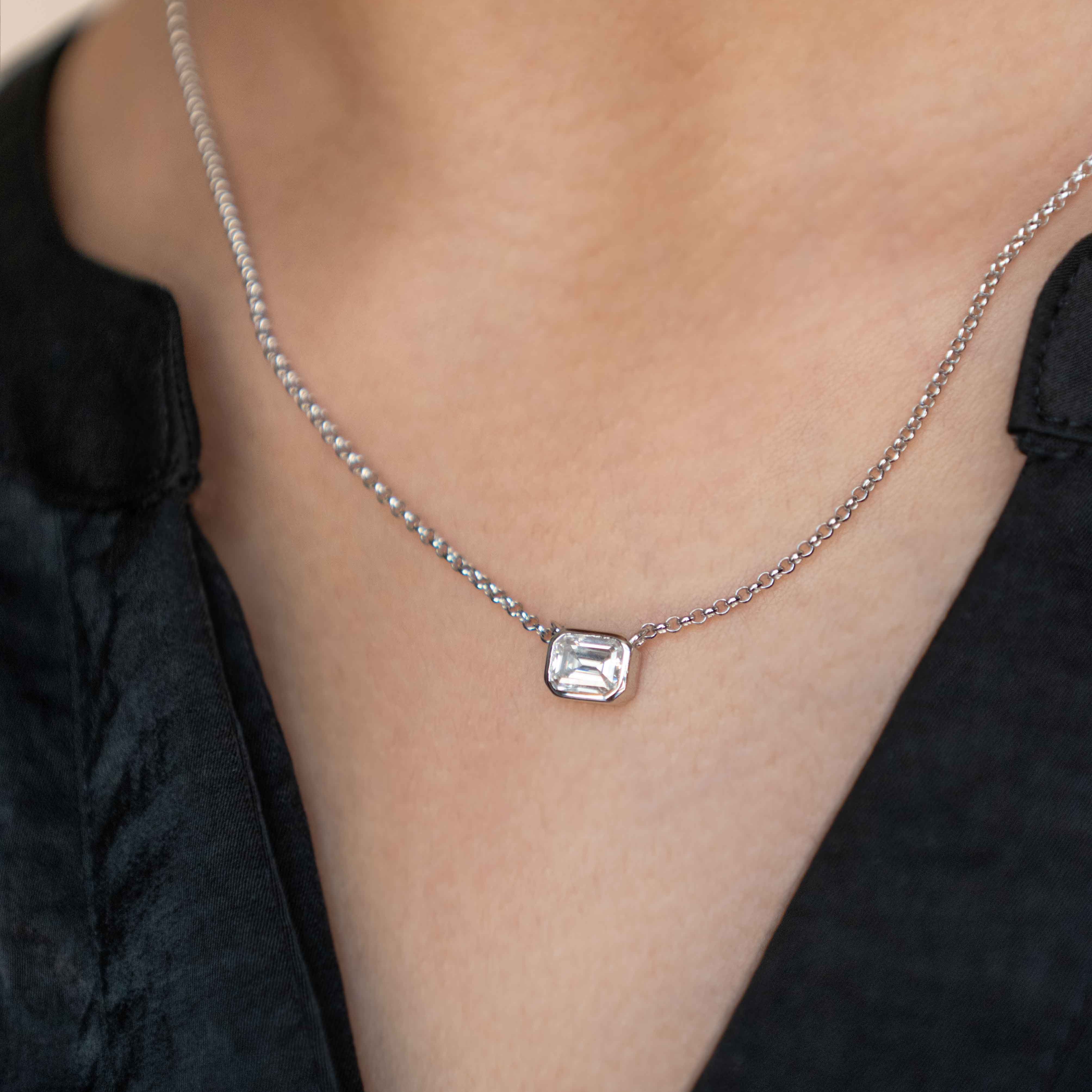 1ct Emerald Cut Moissanite Necklace, Sterling Silver Moissanite Pendant, Emerald Cut Moissanite Necklace for Women, engagement Necklace