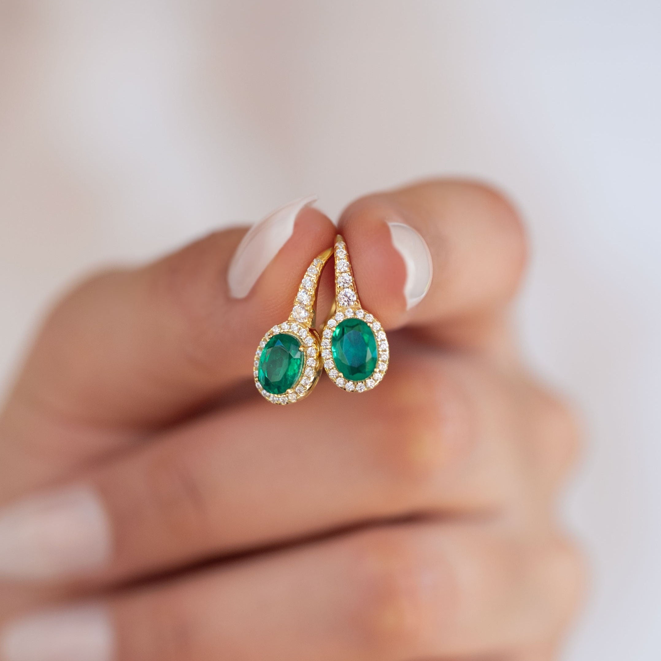 Emerald Halo Drop Earringsin Sterling Silver and 14k Gold Vermeil, May Birthstone Jewelry, Elegant Gift for Mom Wife Birthday, Green Emerald