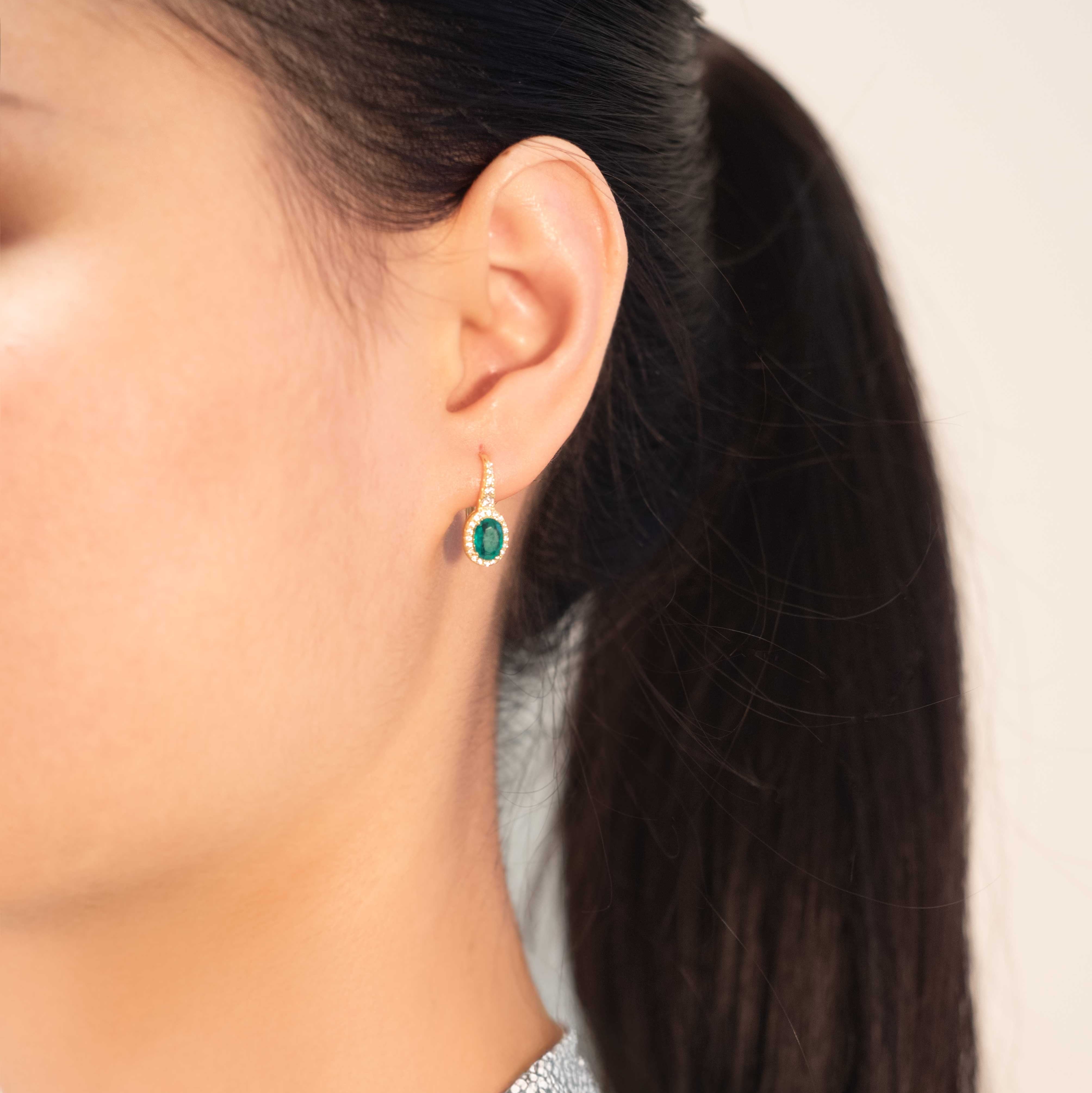 Emerald Halo Drop Earringsin Sterling Silver and 14k Gold Vermeil, May Birthstone Jewelry, Elegant Gift for Mom Wife Birthday, Green Emerald