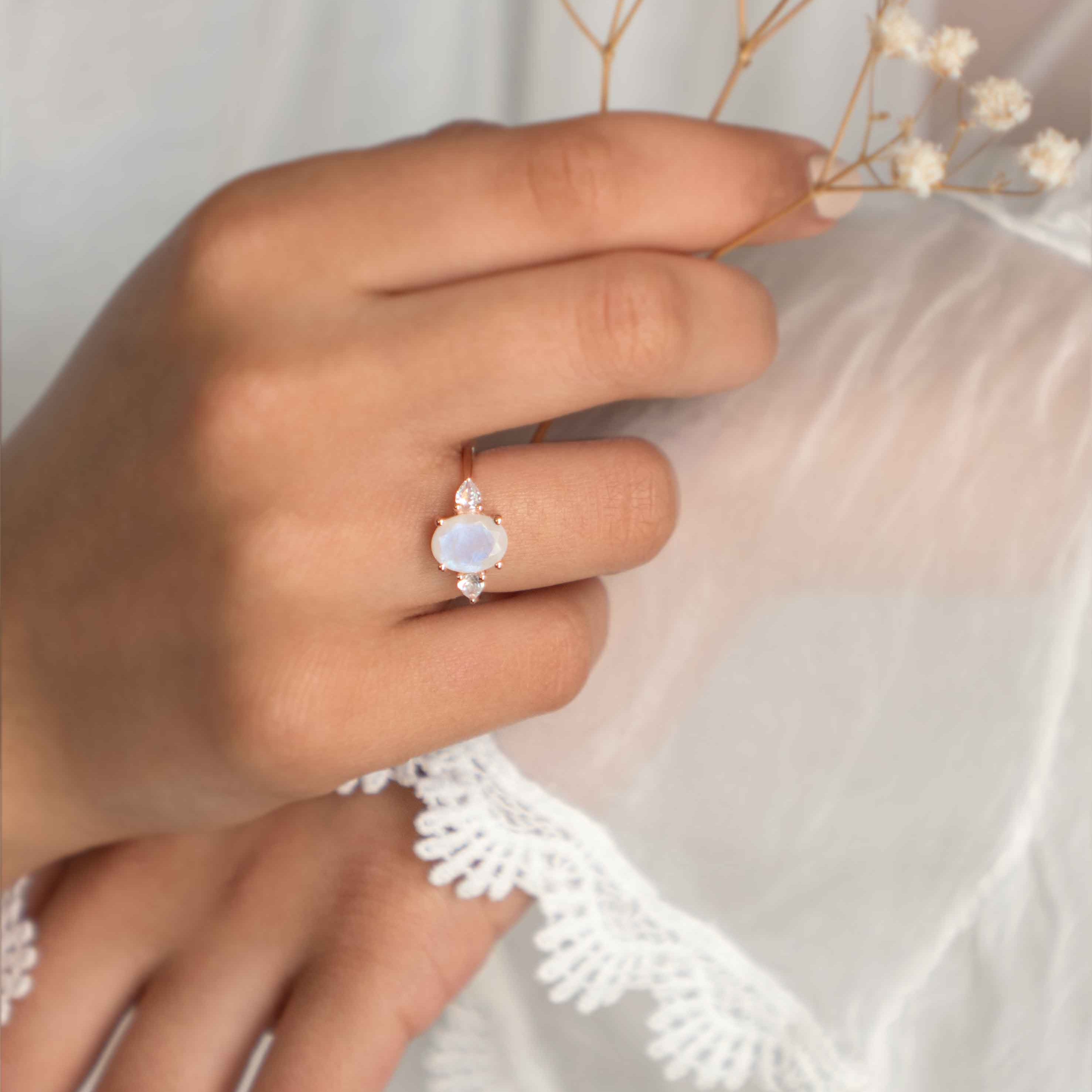 Moonstone Rose Gold Ring Bridal Ring Engagement Ring June Birthstone Gift for Women