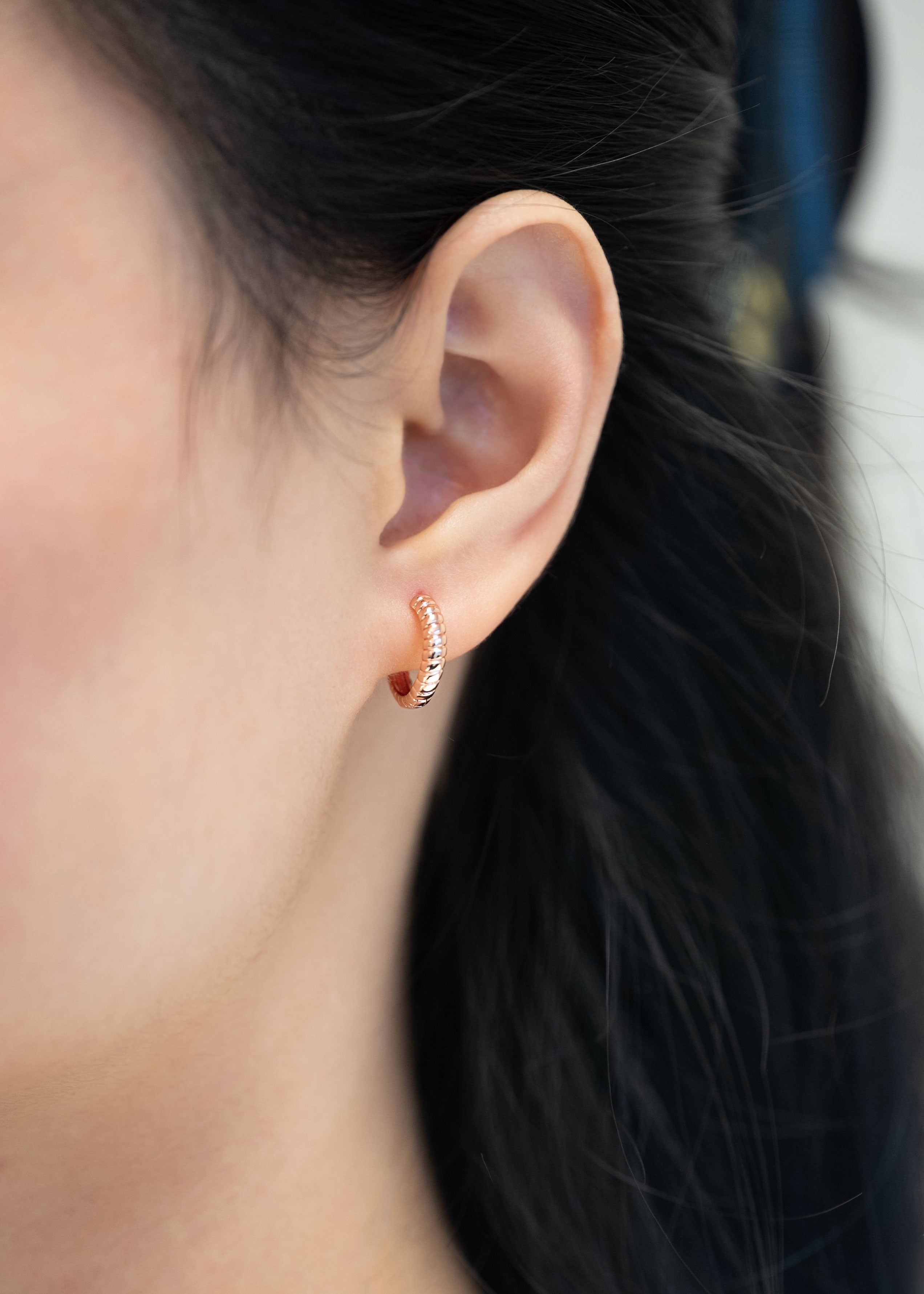 Rose Gold Huggie Hoop Twist Earrings Dainty Minimal Everyday Earring, Gift for Girls