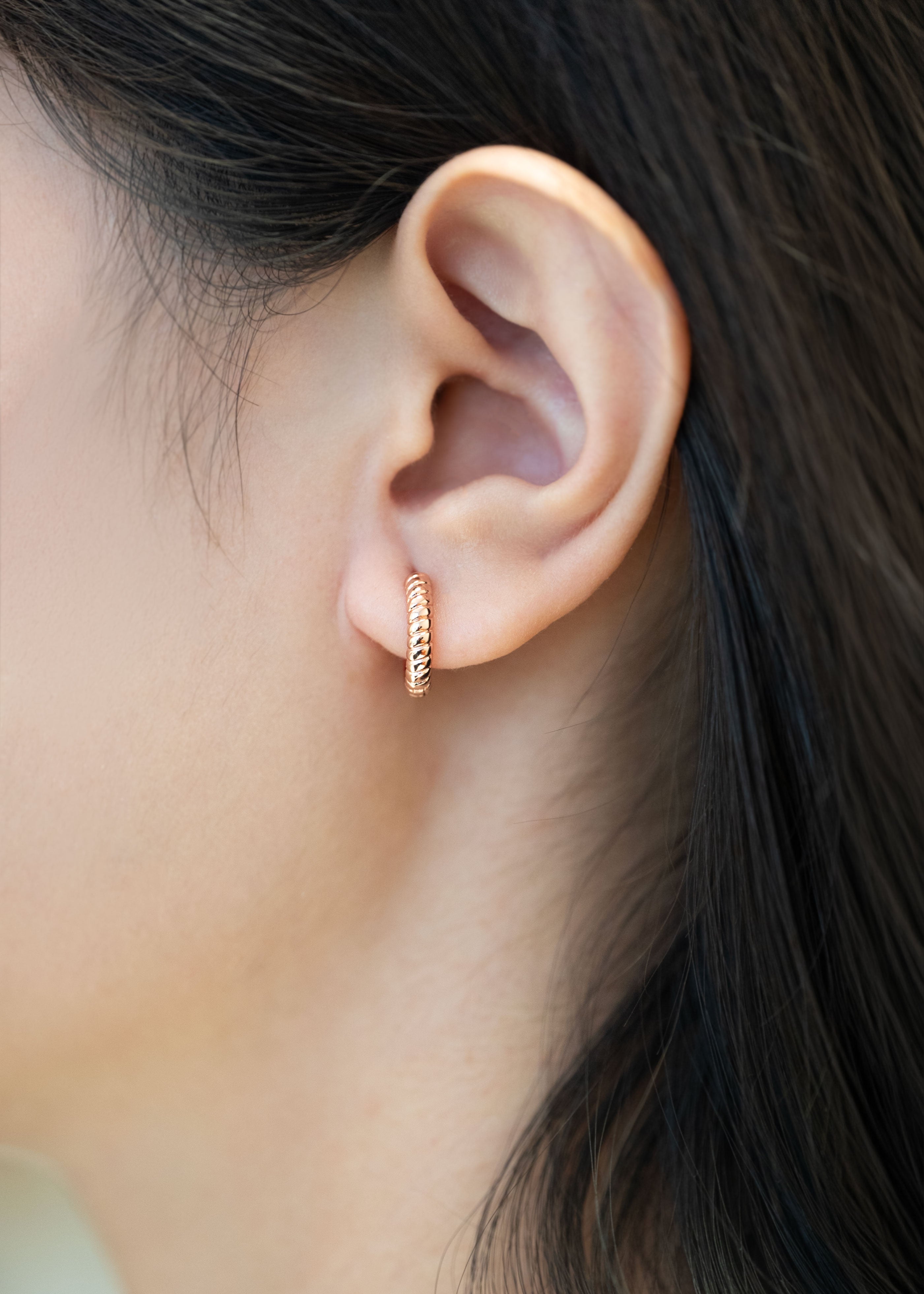 Rose Gold Huggie Hoop Twist Earrings Dainty Minimal Everyday Earring, Gift for Girls