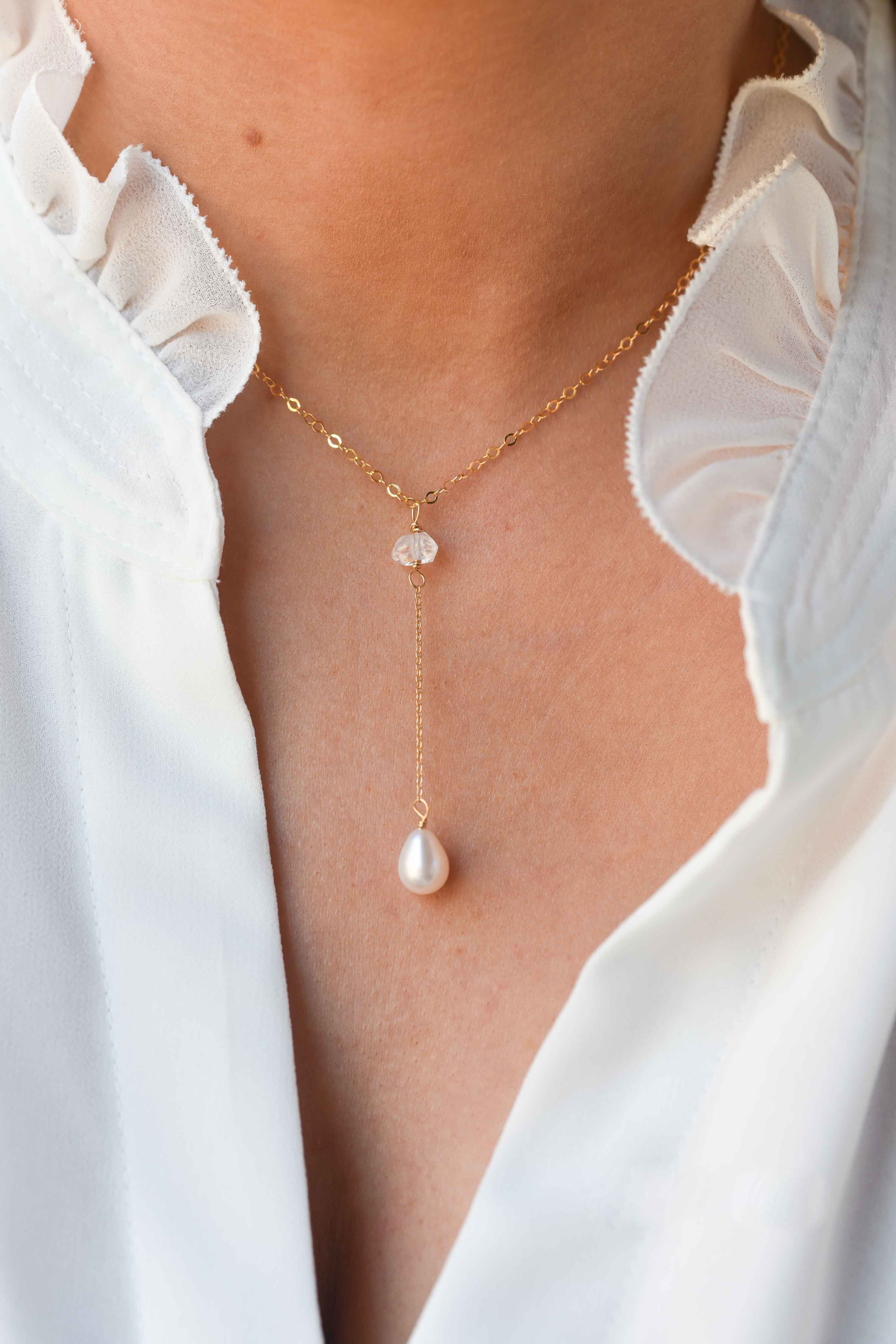 Herkimer  Pearl Delicate Lariat Necklace Gold Filled Rose Gold Filled. Dainty Minimalist Lariat Y necklace gift for girls birthstone wedding bridal bridesmaid gifts