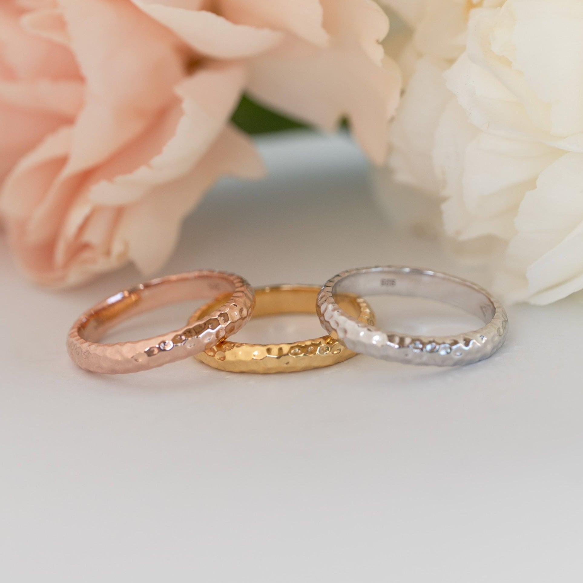Unique Hammered Wedding Bands, 925 Sterling Silver and Gold Ring, Stackable Ring 3mm, Women and Men Wedding Band Ring, Anniversary Gift, Unisex Wedding Bands for him and her