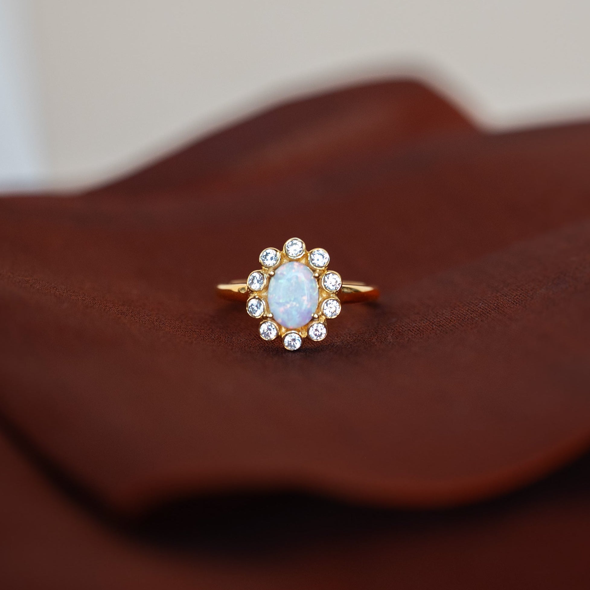 Lab Opal Ring Gold Vermeil 14k, flower design, gift for mom wife best friend sister, promise ring for her