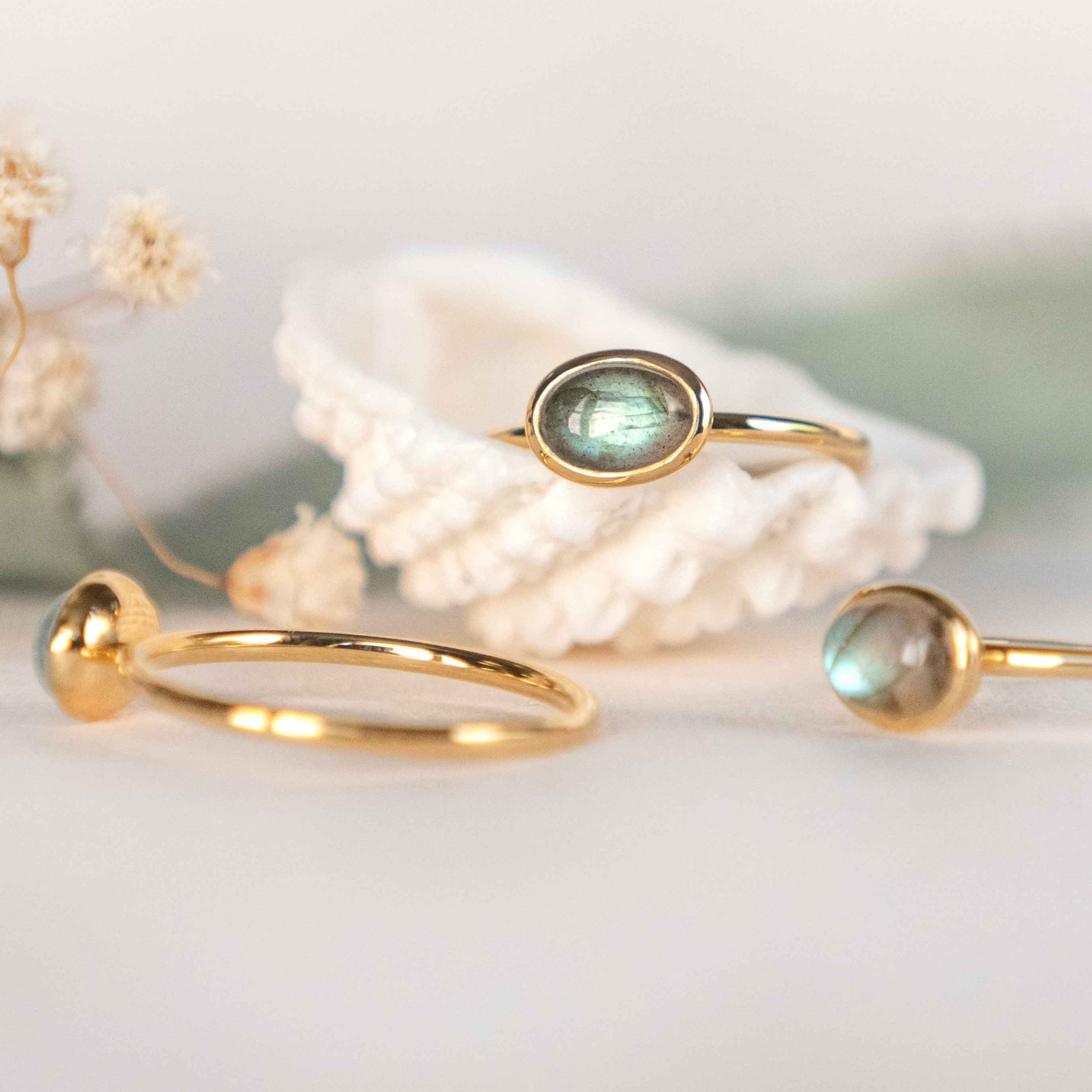 Dainty genuine labradorite ring gold