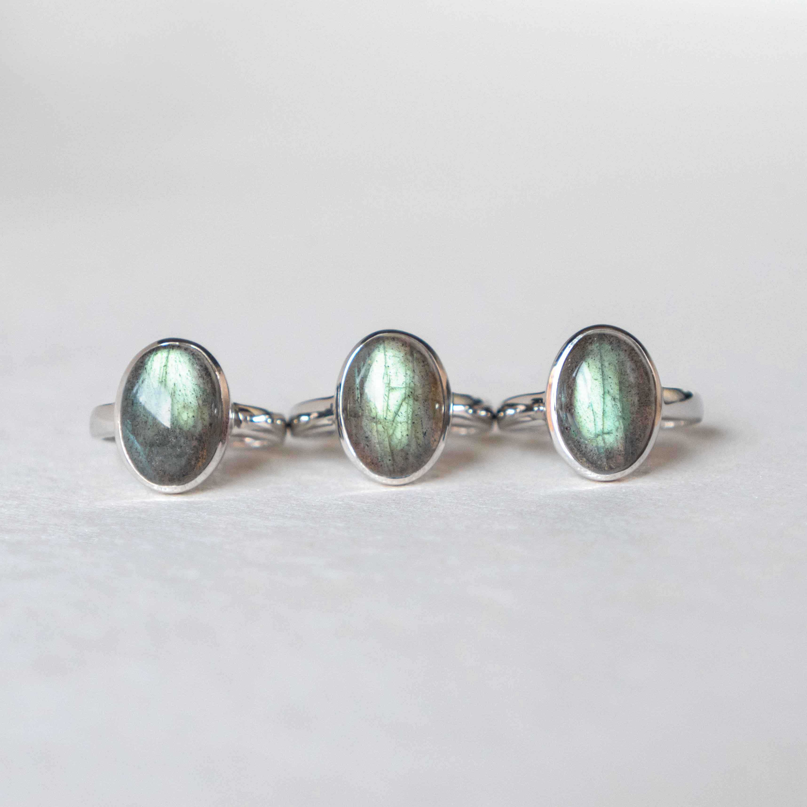 Natural Labradorite Ring Large Chunky Genuine Gemstone Rings for Women, Green Gray Labradorite
