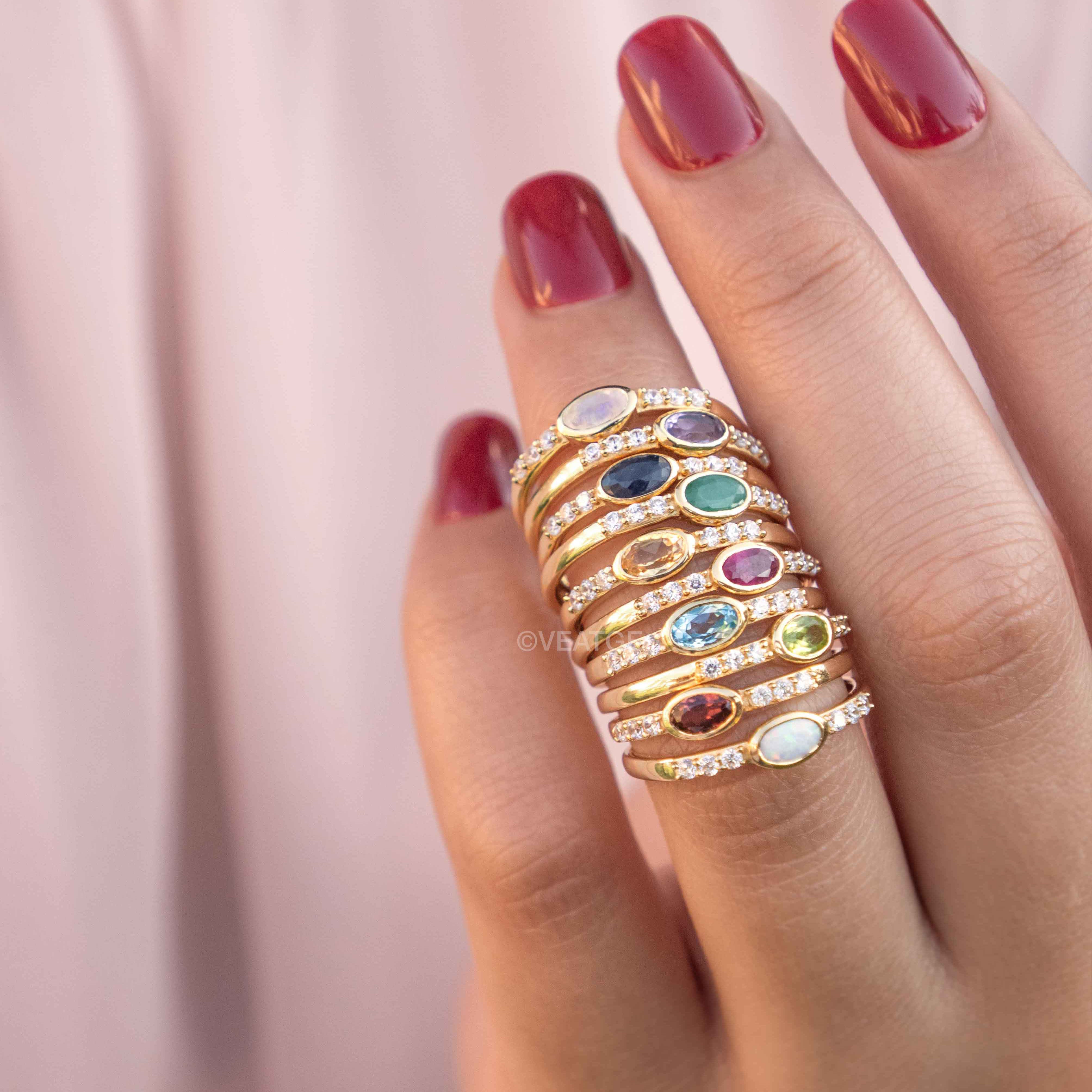 Bezel set birthstone stacking rings Elise by Veatge