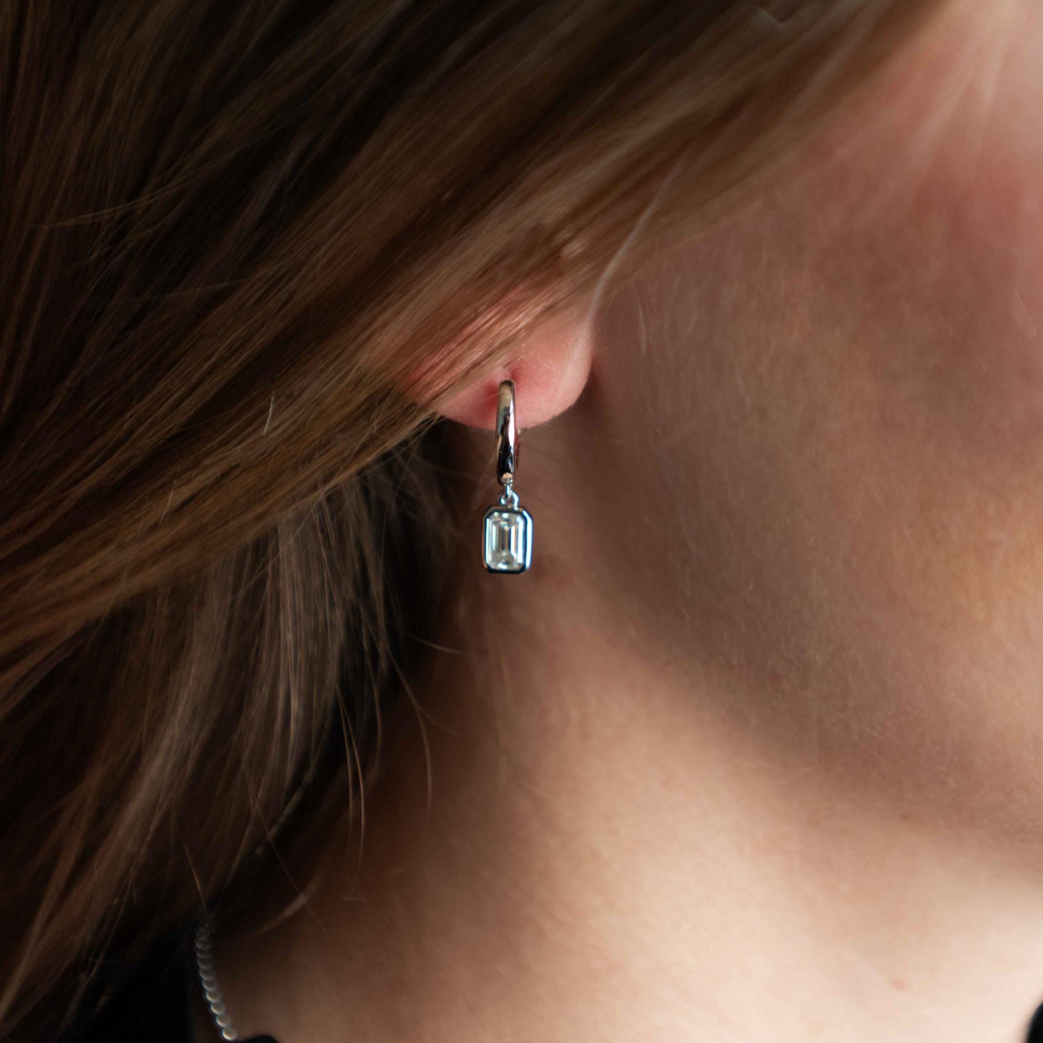 Emerald Cut Diamond Hoops in 925 Sterling Silver Anti-tarnish, Moissanite Gemstone, Minimalist Drop Dangle Unique Earrings Gifts for Women, Silver Hoops Earrings, Drop Dangle Earrings in Sterling Silver, Cute Diamond Earrings Solitaire