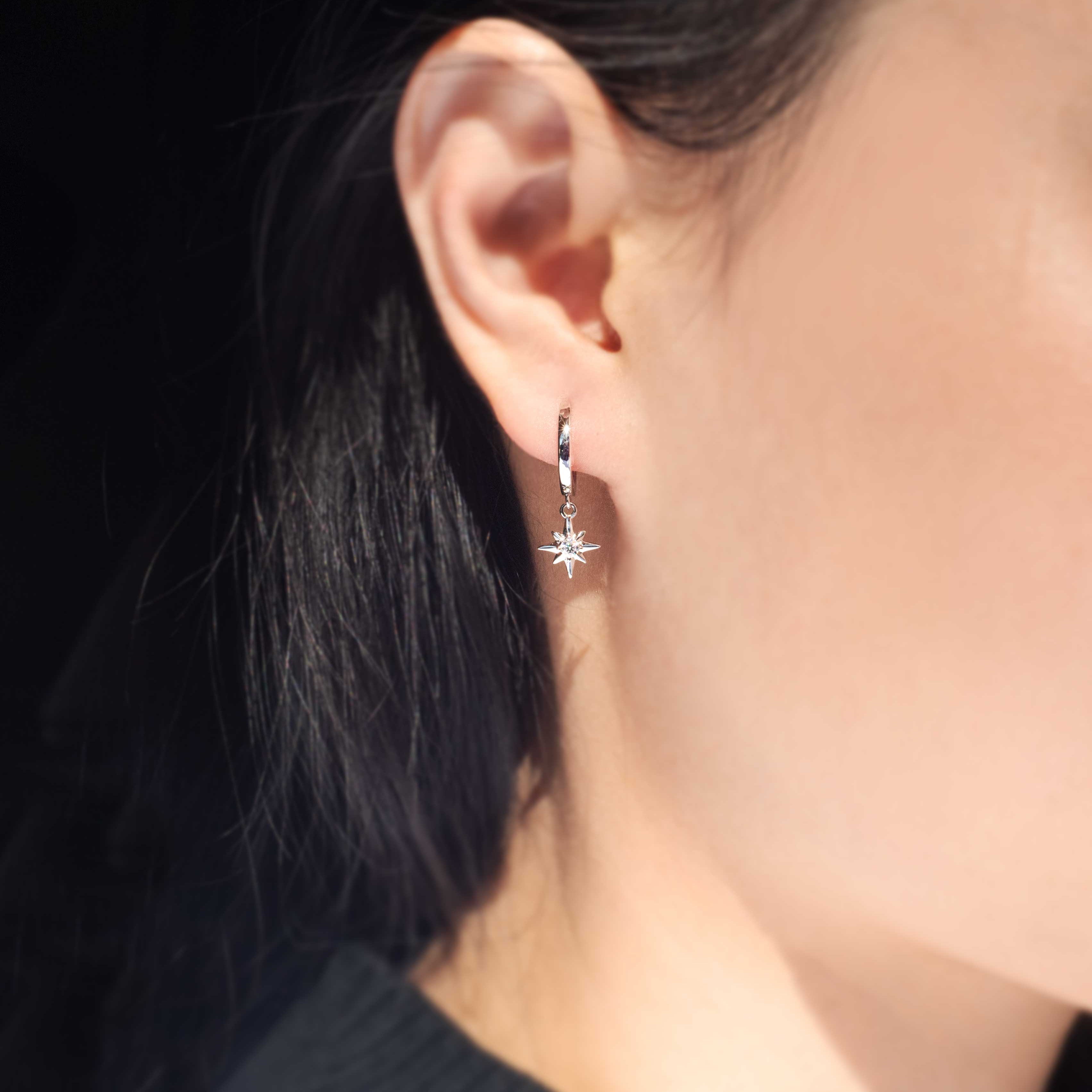 Moissanite Northstar Hoop Earrings in 925 Sterling Silver, Diamond Earrings Dangle Drop, Birthday Graduation Gift for Girls