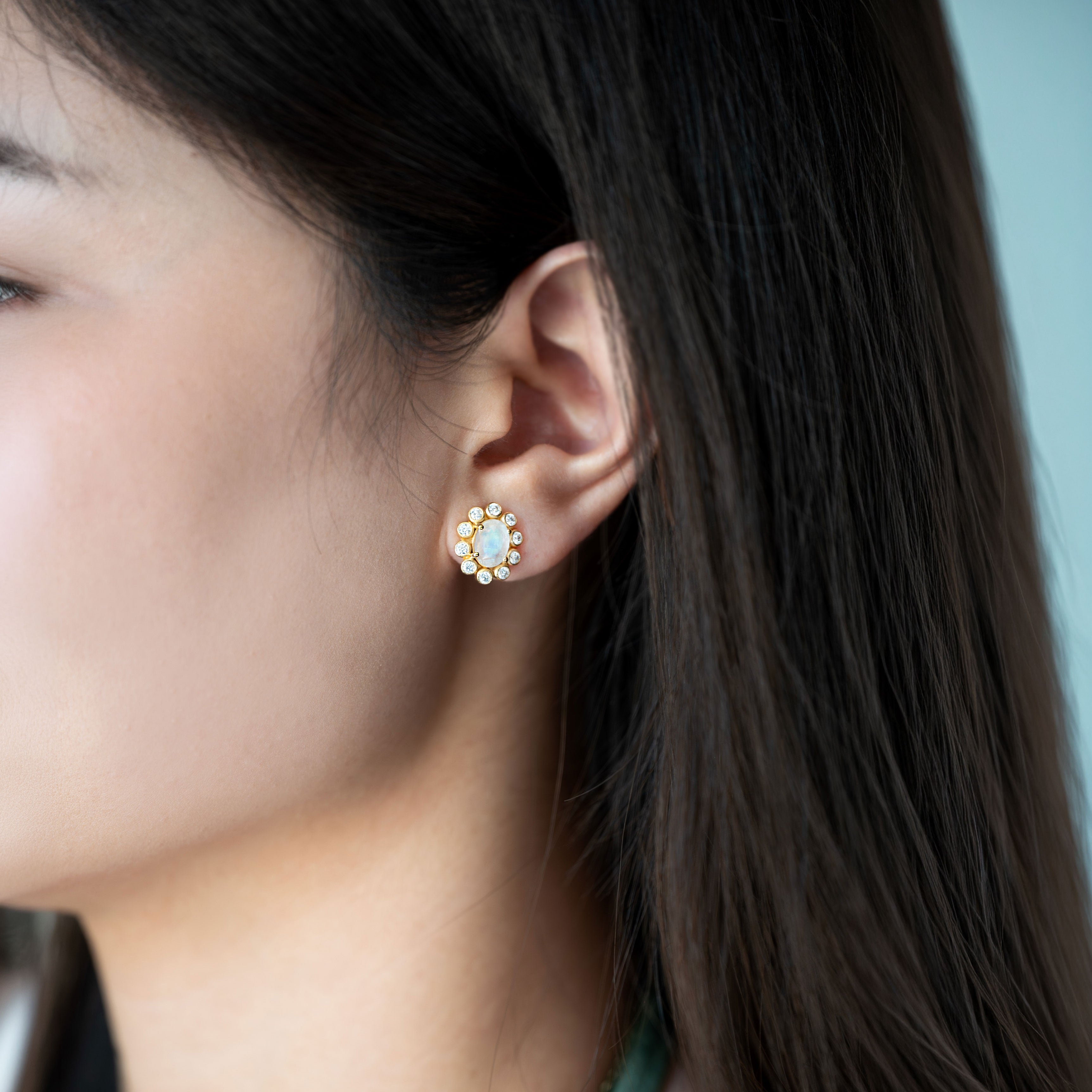 Moonstone Floral Stud Earrings 14k Gold vermeil, statement stud earring for women